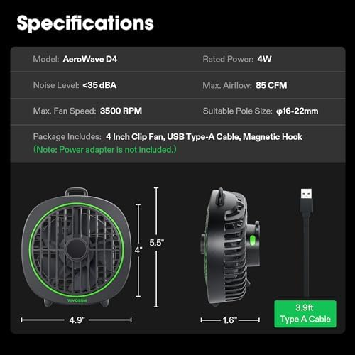 VIVOSUN AeroWave D4 Grow Tent Clip Fan with Detachable Hook, 4" Fan, 1-Pack