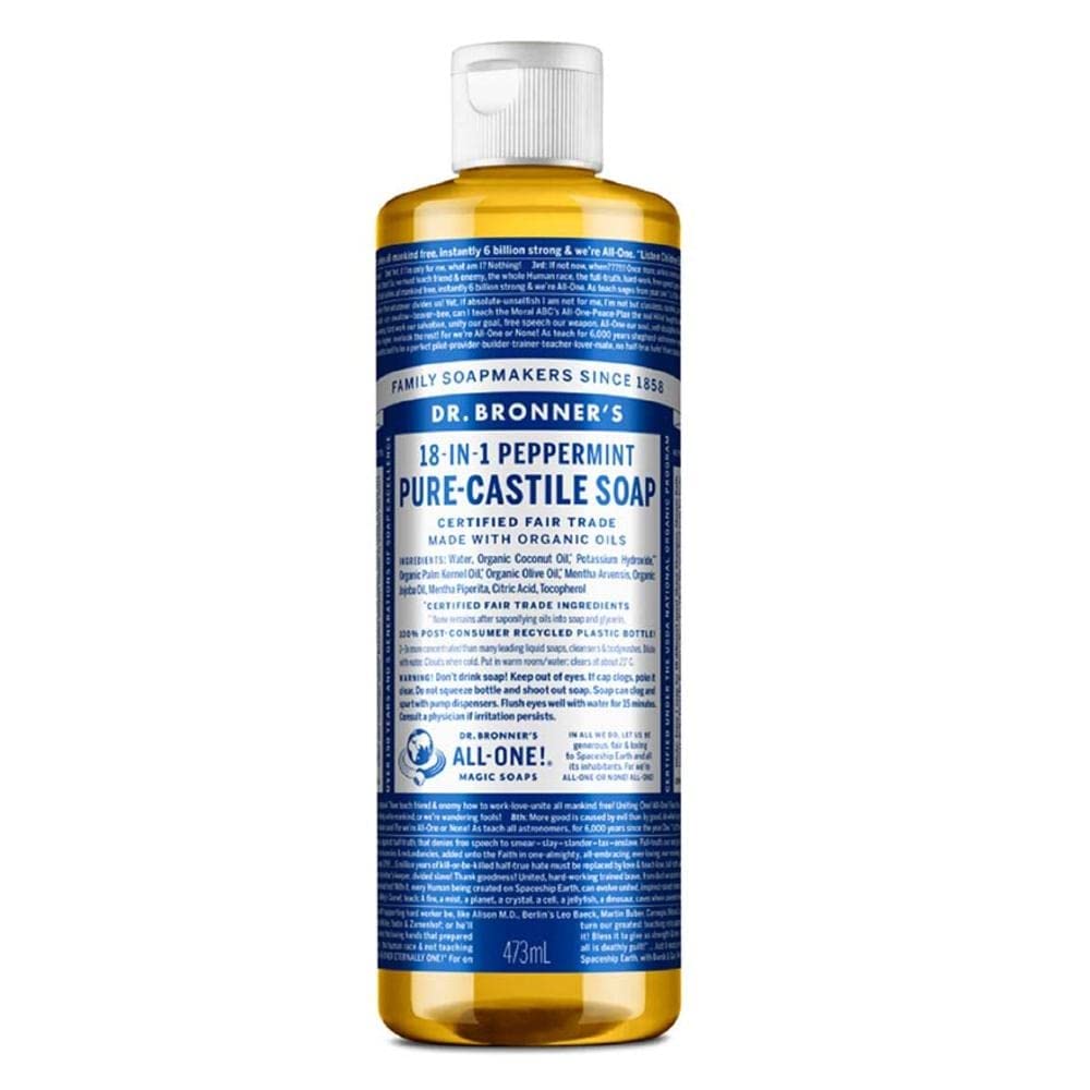 Dr. Bronner's Pure-Castile Magic Liquid Soap (Peppermint, 8 Ounce)- Made with Organic Oils, 18-in1 Uses: Face, Hair, Hand & Body Soap, Laundry, Pets- Concentrated, Vegan, Non-GMO