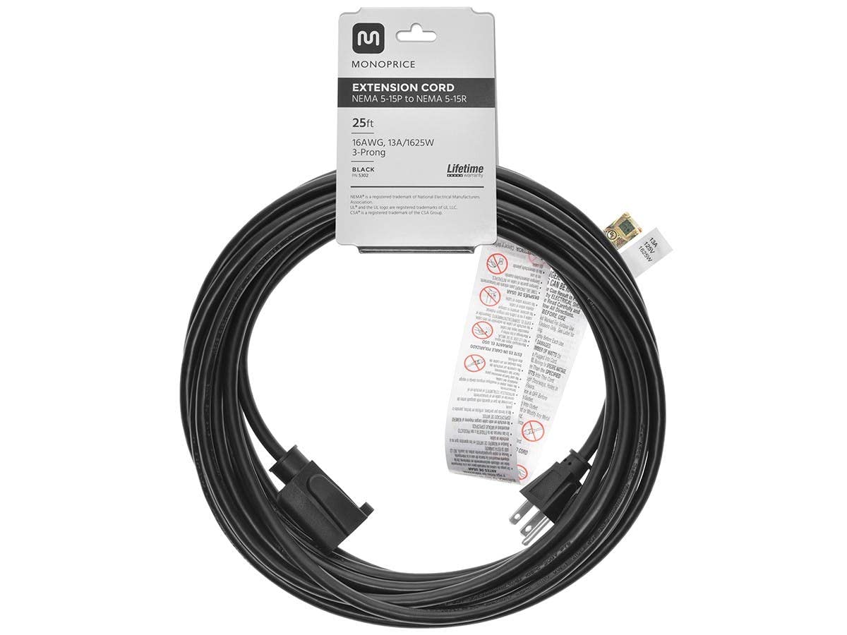 Monoprice 6ft 16AWG Power Extension Cord Cable - SJT 16/3C NEMA 5-15P TO NEMA 5-15R (13A/125V) AP301+SP506 - Black