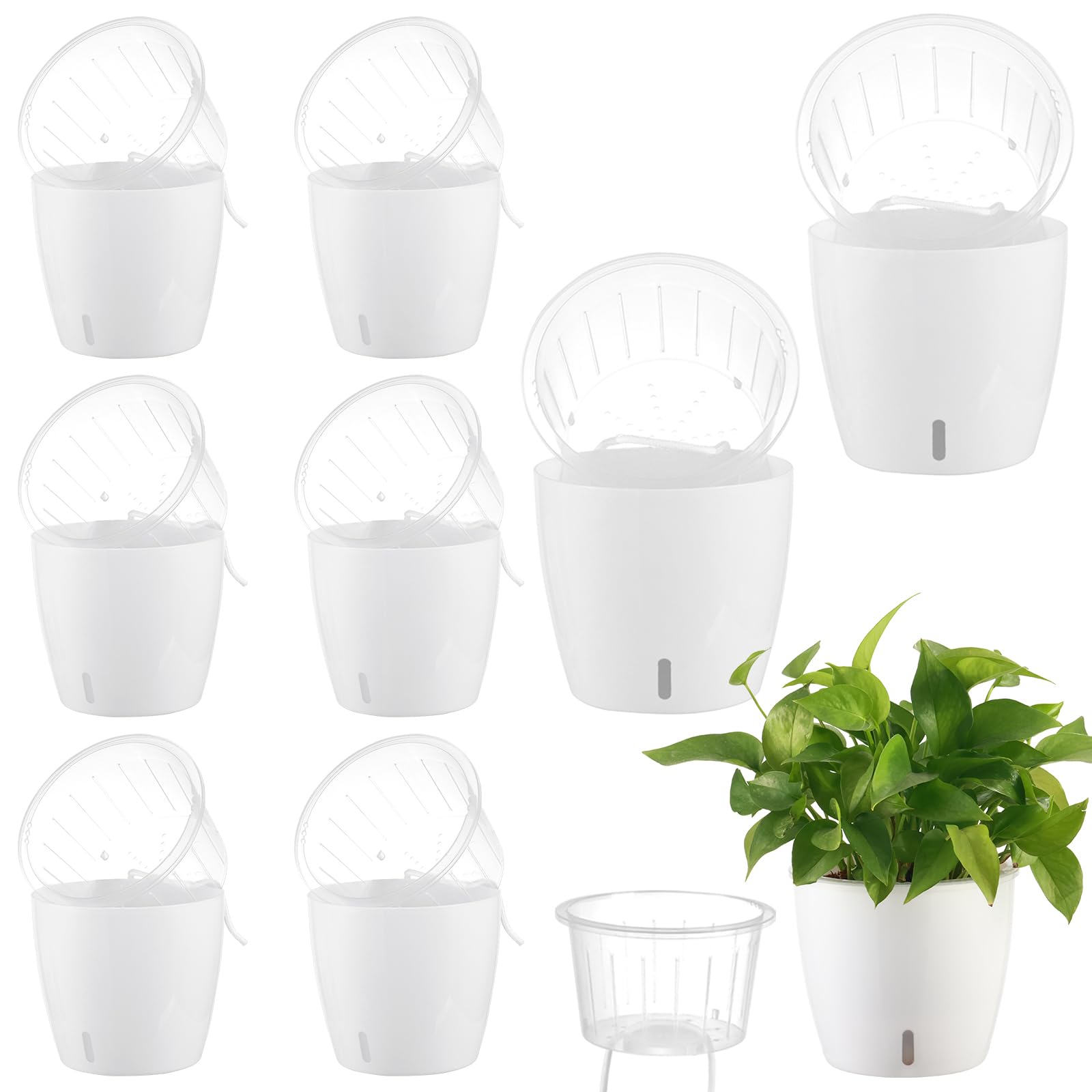 Self Watering Pots for Indoor Plants, 12-Pack 5'' Self Watering Planter with Drainage Holes, Small African Violet Pots with Water Level Indicator, Clear Wick Pot, White/Black