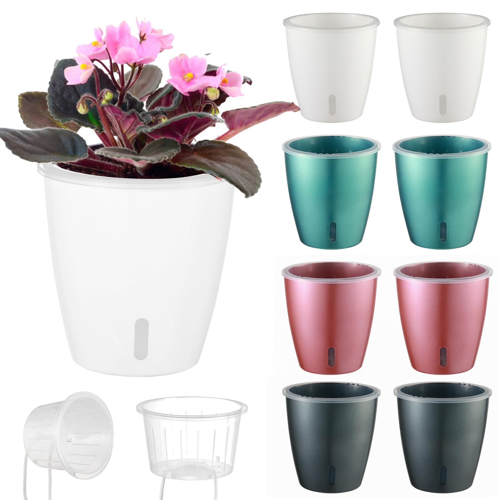 Self Watering Pots for Indoor Plants, 12-Pack 5'' Self Watering Planter with Drainage Holes, Small African Violet Pots with Water Level Indicator, Clear Wick Pot, White/Black