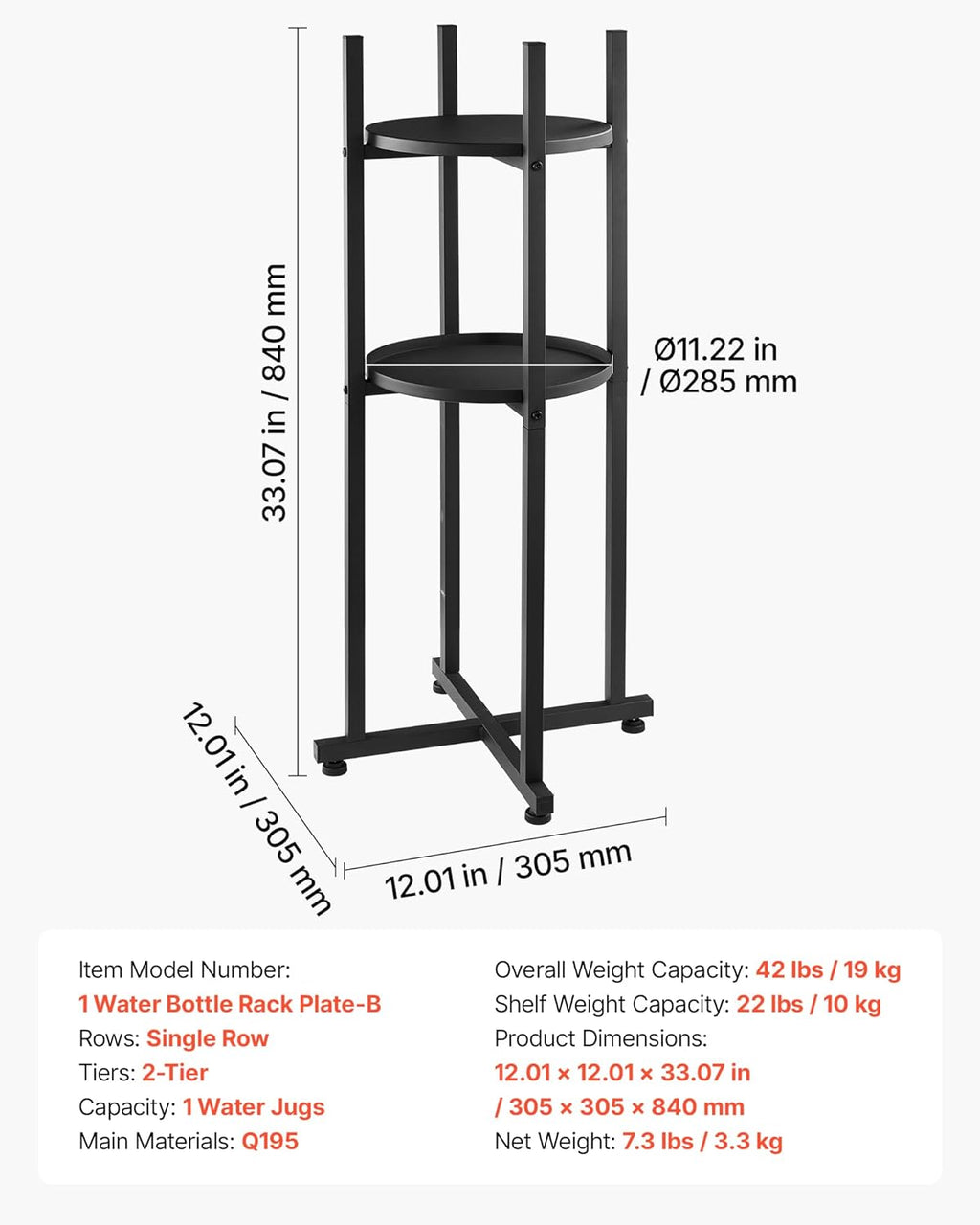 VEVOR Water Dispenser Stand, 5 Gallon Water Jug Stand, Heavy Duty Jug Rack Organizer with Detachable Storage Shelf, Handle, Cross-Shaped Stable Base, for Kitchen, Office, Living Room, Gym, Black