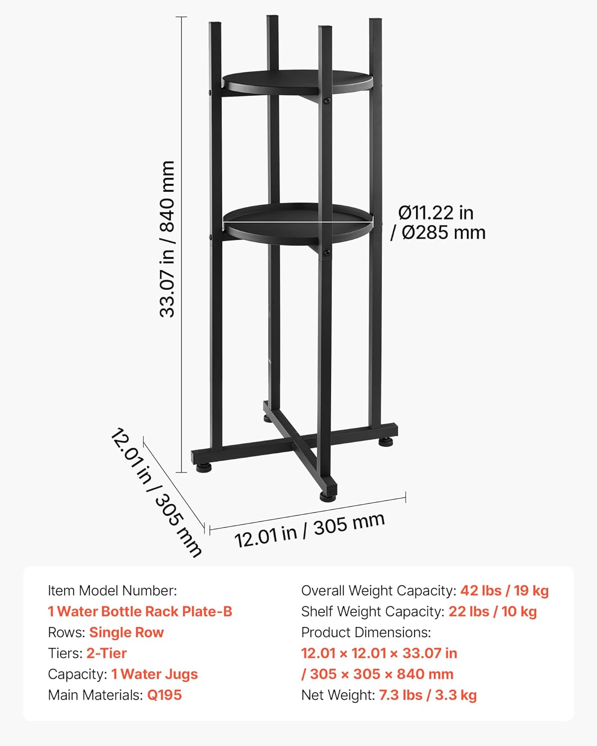VEVOR Water Dispenser Stand, 5 Gallon Water Jug Stand, Heavy Duty Jug Rack Organizer with Detachable Storage Shelf, Handle, Cross-Shaped Stable Base, for Kitchen, Office, Living Room, Gym, Black