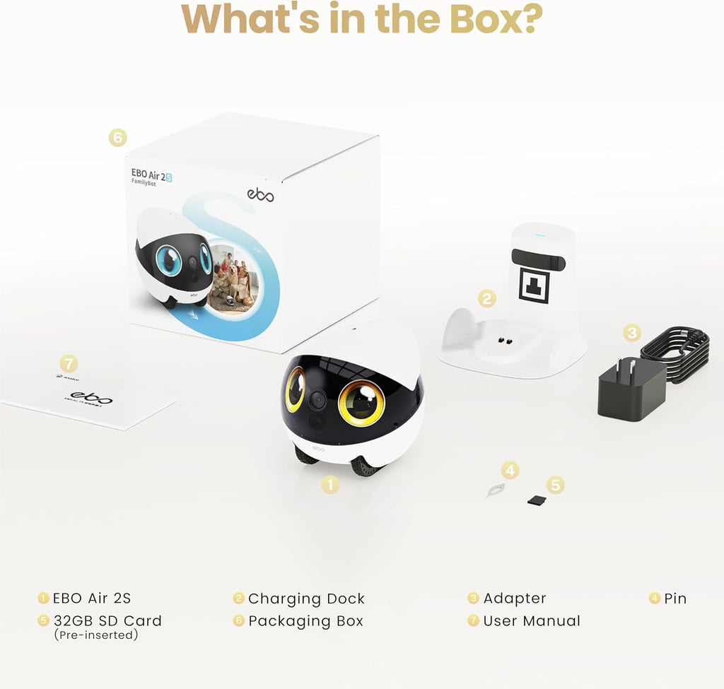 Enabot EBO Air 2S Mobile Robot Camera: 2.5K FamilyBot with Two-Way Video | Whole-Home Mobility, Custom Facial Image, Auto-Recharge, Night Vision, Long Distance Gift for Family/Pets