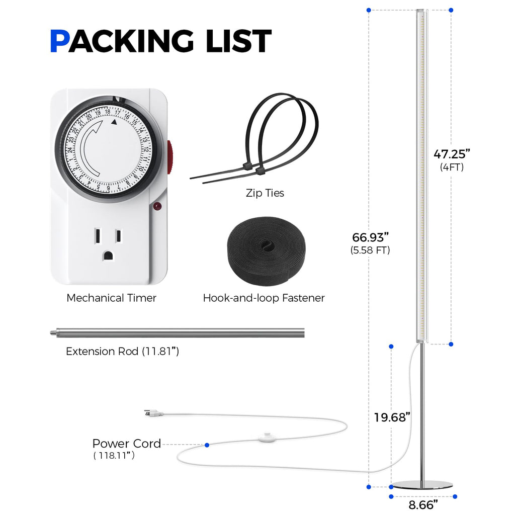 Barrina T1S Standing Grow Light for Indoor Plants with Timer, 65W 5000K High PPFD Tera Series Vertical Full Spectrum Grow Lights Adjustable Height 5FT-5.6FT, Foot Switch, Non-Glare Design, Silver