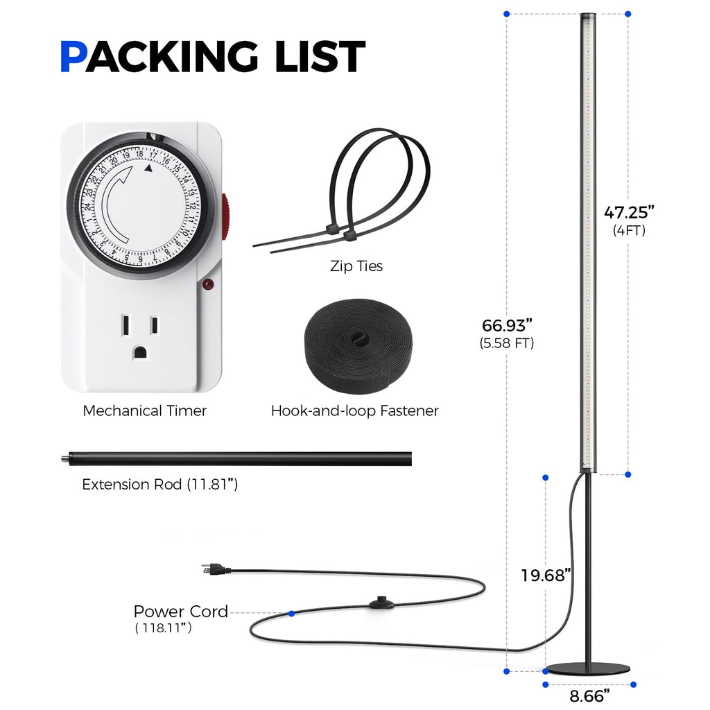 Barrina T1S Standing Grow Light for Indoor Plants with Timer, 65W 5000K High PPFD Tera Series Vertical Full Spectrum Grow Lights Adjustable Height 5FT-5.6FT, Foot Switch, Non-Glare Design, Silver
