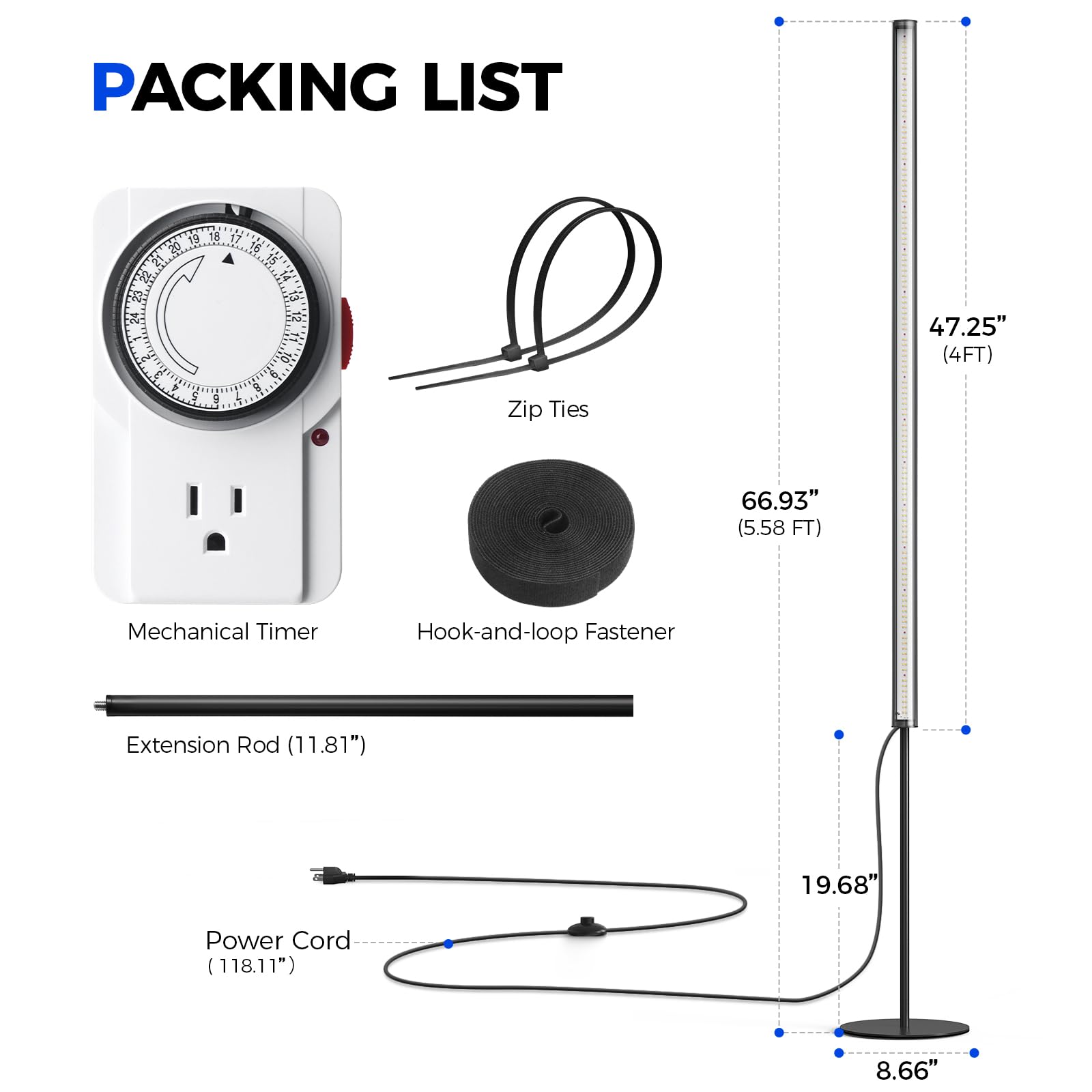 Barrina T1S Standing Grow Light for Indoor Plants with Timer, 65W 5000K High PPFD Tera Series Vertical Full Spectrum Grow Lights Adjustable Height 5FT-5.6FT, Foot Switch, Non-Glare Design, Silver