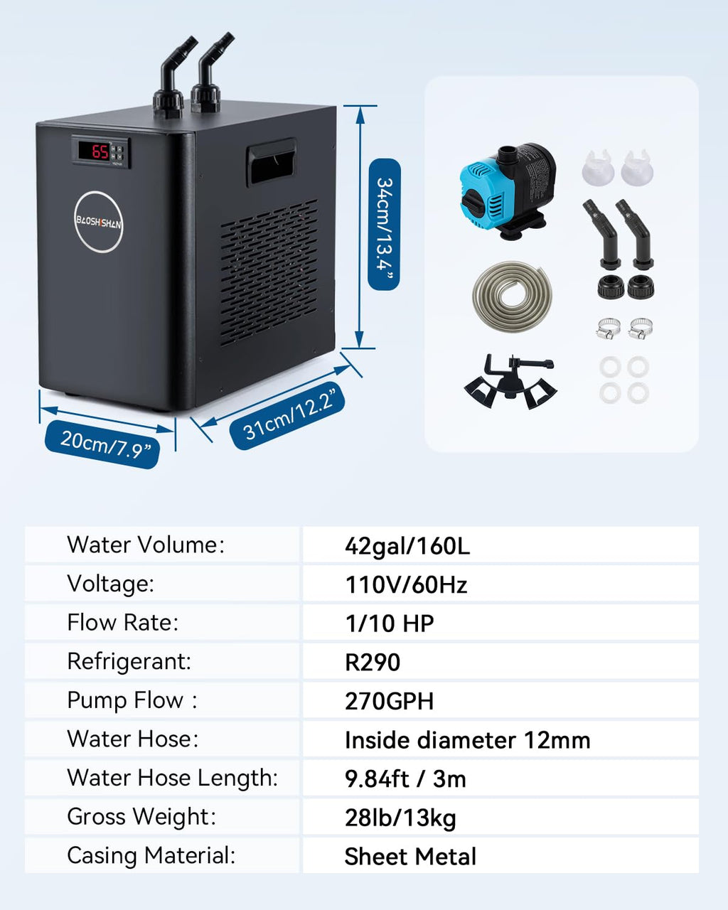 BAOSHISHAN Aquarium Chiller 42gal 1/10 HP Water Chiller for Hydroponics System with Compressor Refrigeration Special Quiet Design for Fish Tank Axolotl Coral Reef Tank 160L (160L)