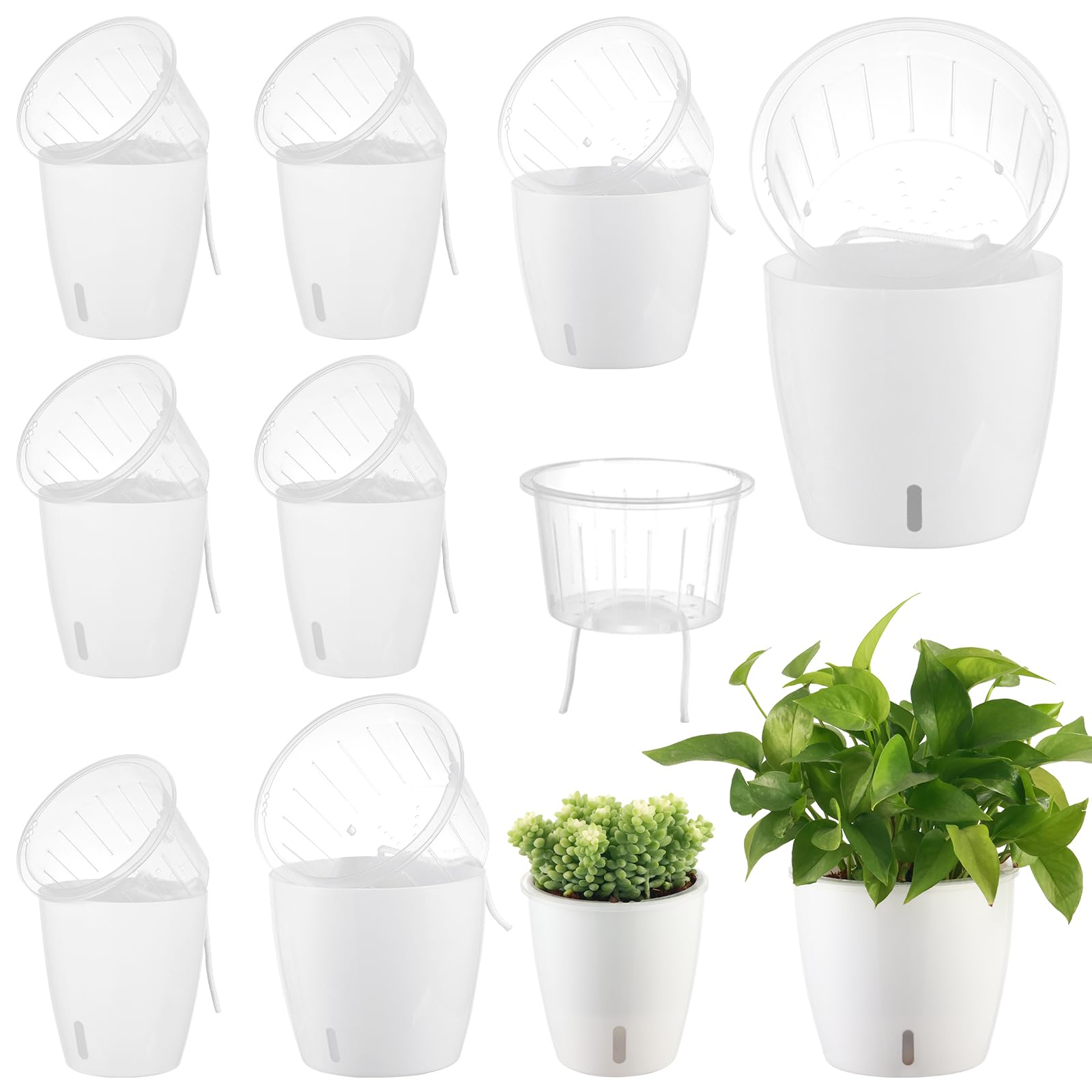 Self Watering Pots for Indoor Plants, 12-Pack 5'' Self Watering Planter with Drainage Holes, Small African Violet Pots with Water Level Indicator, Clear Wick Pot, White/Black