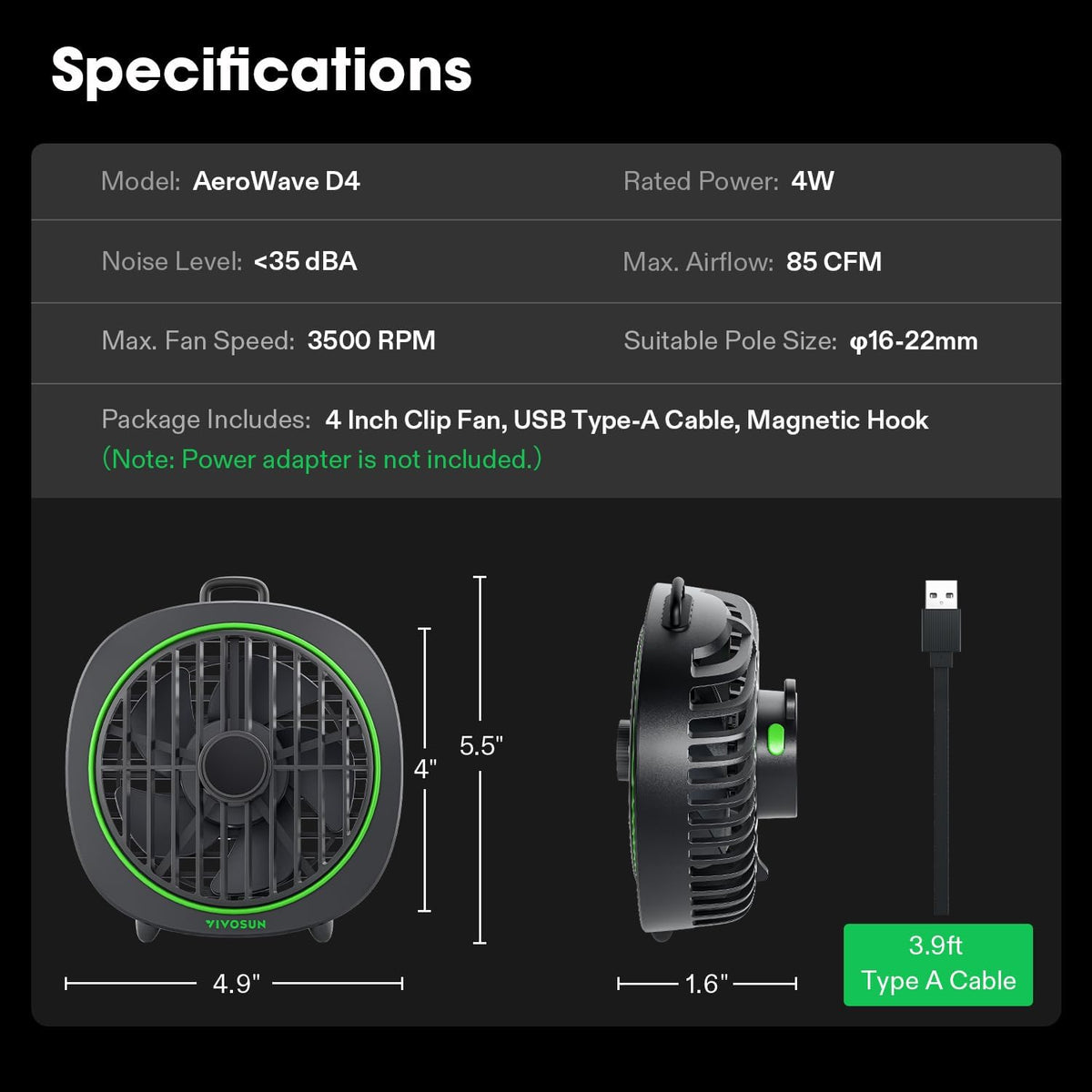 VIVOSUN AeroWave D4 Grow Tent Clip Fan with Detachable Hook, 4" Fan, 1-Pack