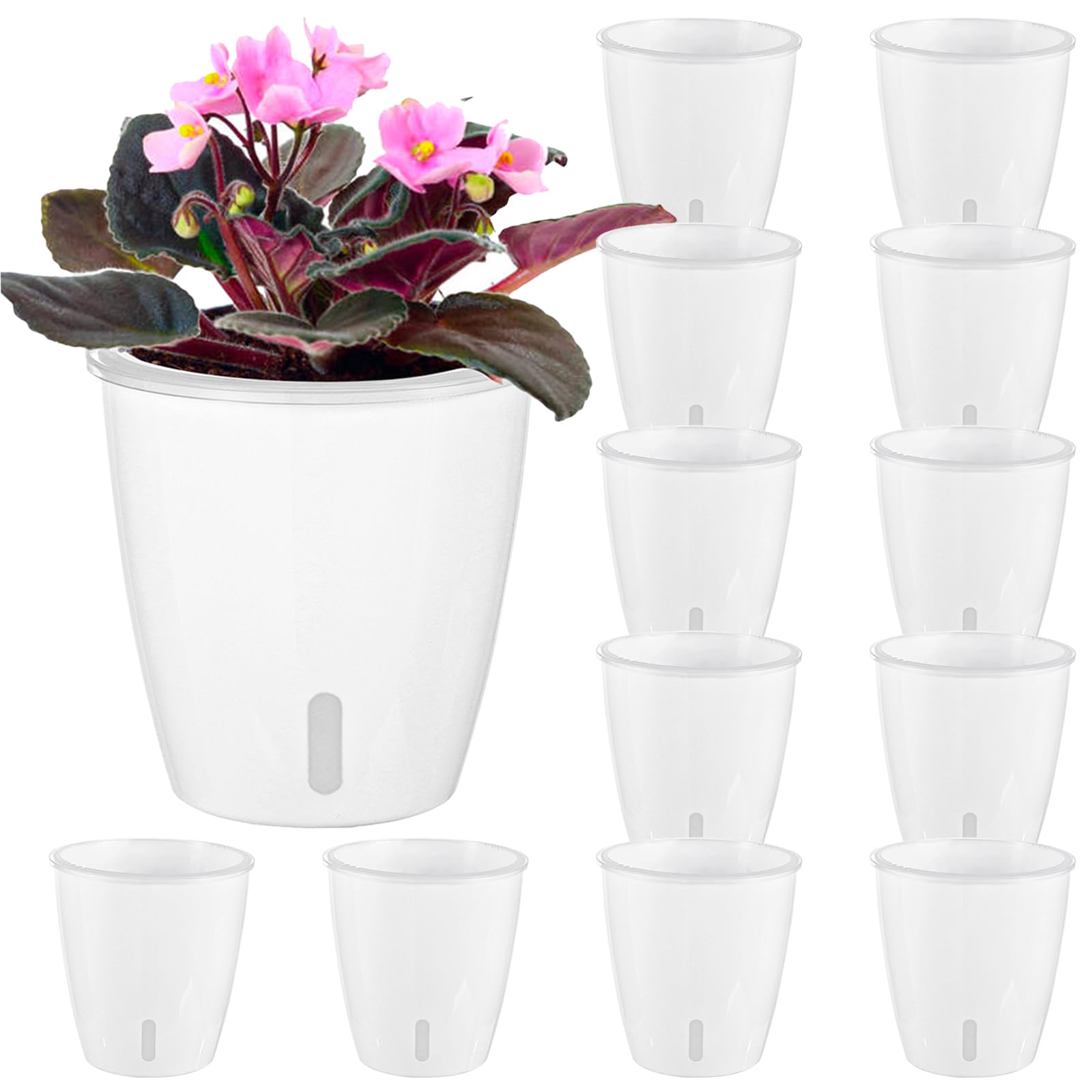 Self Watering Pots for Indoor Plants, 12-Pack 5'' Self Watering Planter with Drainage Holes, Small African Violet Pots with Water Level Indicator, Clear Wick Pot, White/Black