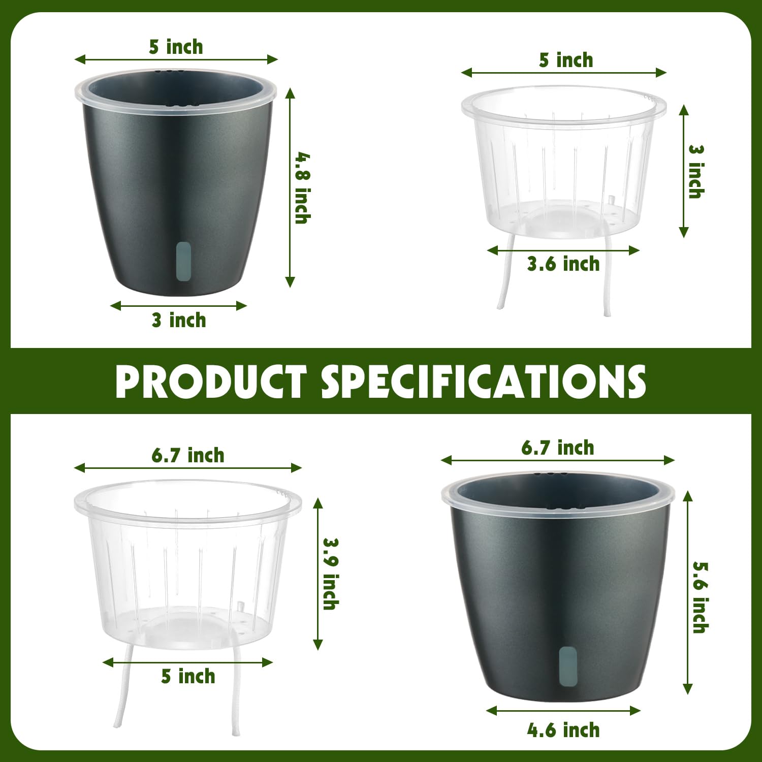 Self Watering Pots for Indoor Plants, 12-Pack 5'' Self Watering Planter with Drainage Holes, Small African Violet Pots with Water Level Indicator, Clear Wick Pot, White/Black