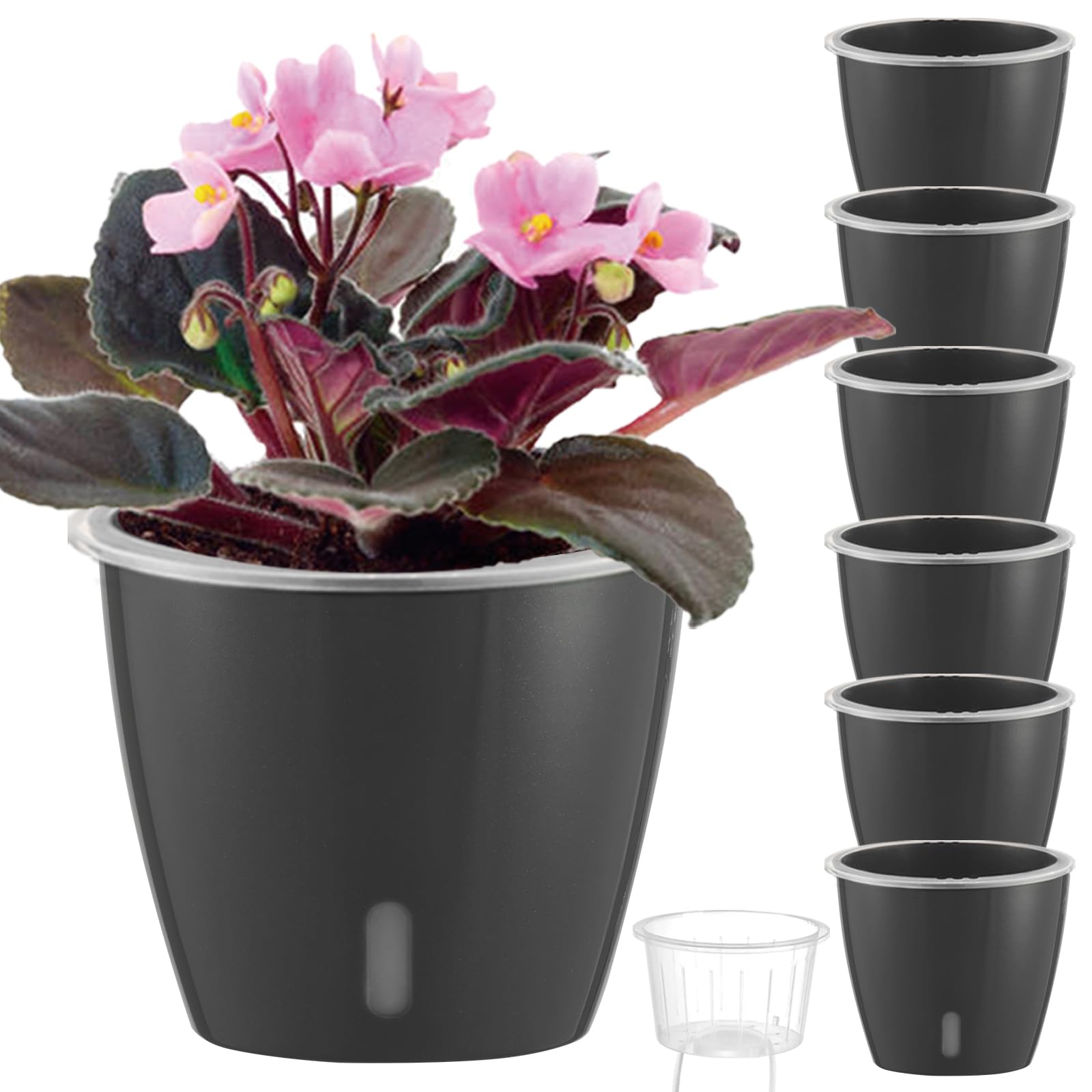 Self Watering Pots for Indoor Plants, 12-Pack 5'' Self Watering Planter with Drainage Holes, Small African Violet Pots with Water Level Indicator, Clear Wick Pot, White/Black