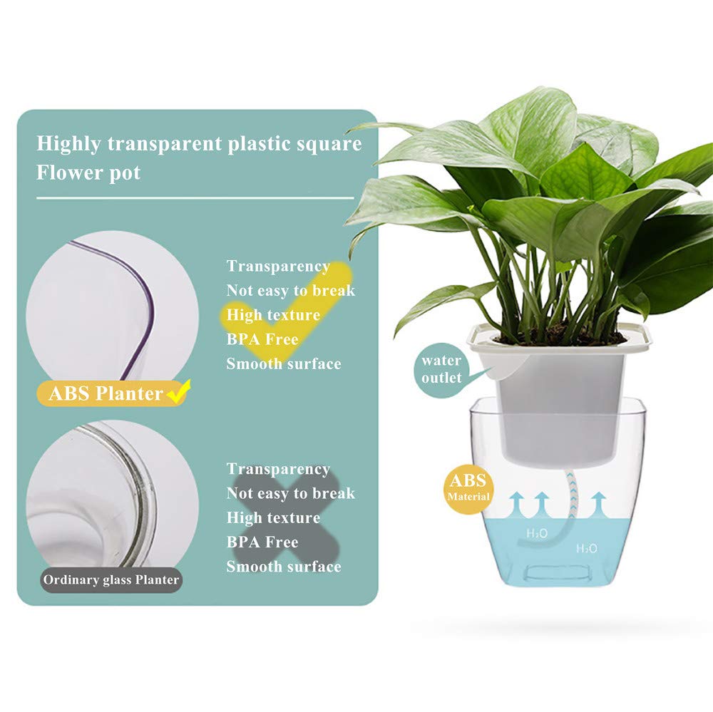 Self Watering Planter , FENGZHITAO African Violet Pots, Clear Plastic Automatic-Watering Planter Flower Pot Square Plant Pot for All House Plants, Succulents, Herb, African Violets (3 Packs Small)