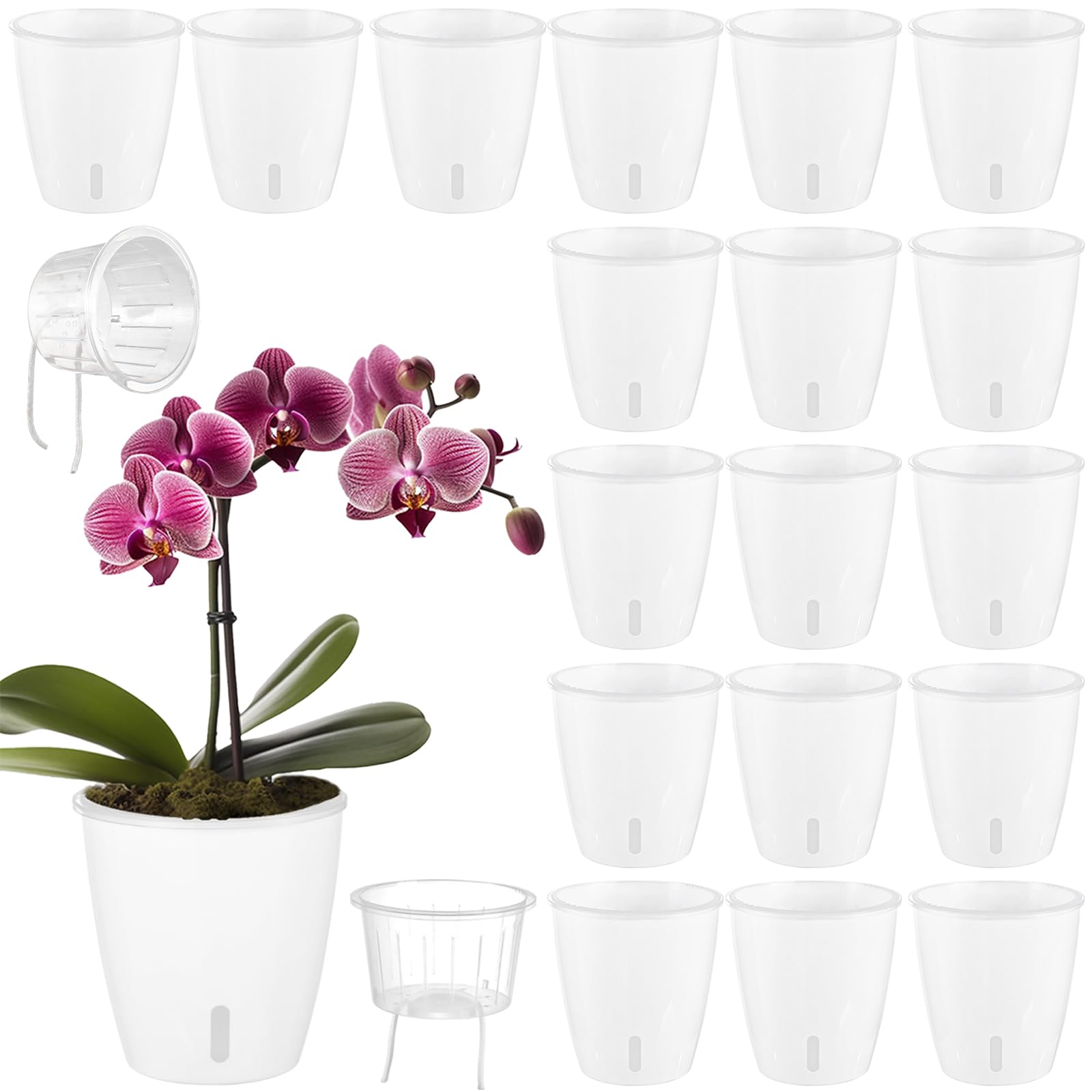 Self Watering Pots for Indoor Plants, 12-Pack 5'' Self Watering Planter with Drainage Holes, Small African Violet Pots with Water Level Indicator, Clear Wick Pot, White/Black