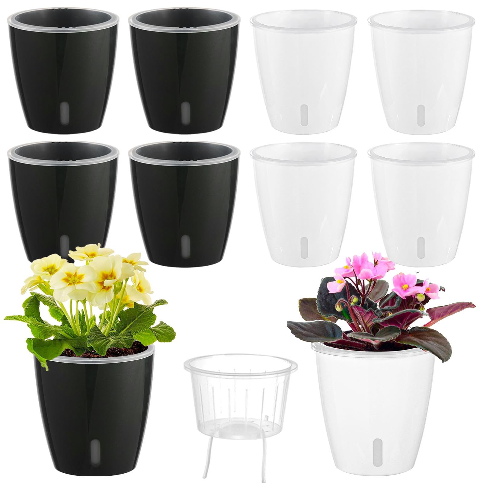 Self Watering Pots for Indoor Plants, 12-Pack 5'' Self Watering Planter with Drainage Holes, Small African Violet Pots with Water Level Indicator, Clear Wick Pot, White/Black
