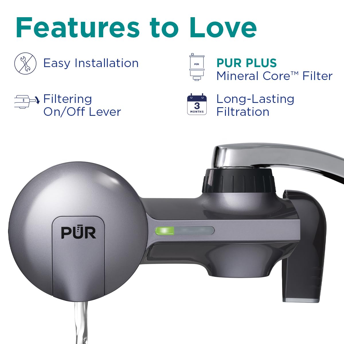 PUR Plus Horizontal Faucet Mount Filtration System with 3-in-1 Lead Reducing Filter, Water Filter for Sink, Lasts 100 Gallons, Compatible with Sinks with External Aerators, Metallic Grey