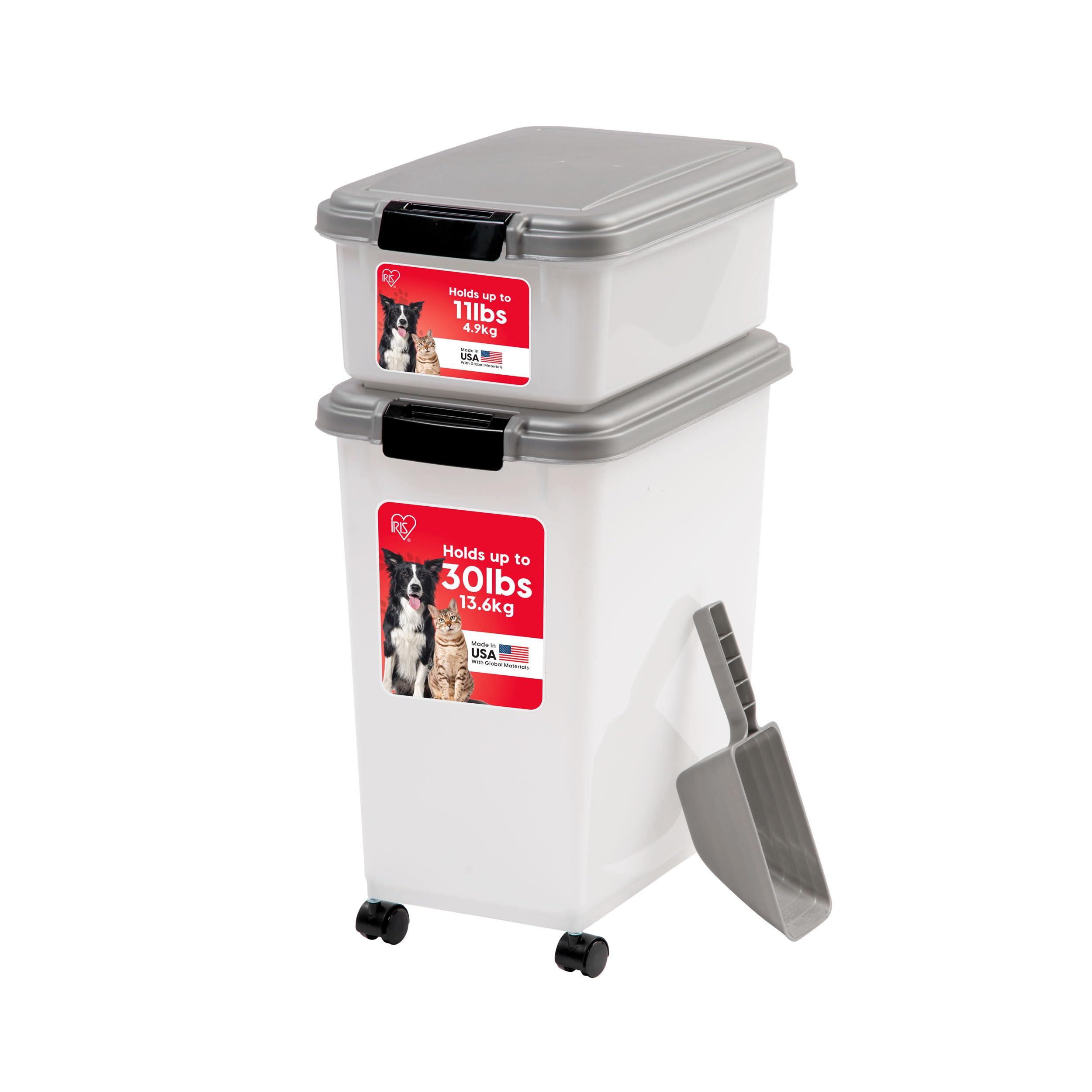 IRIS USA Storage Container, 30 lbs & 11 lbs Combo, Stackable, 2-Cup Scoop, Wheels, Easy Mobility, Gray