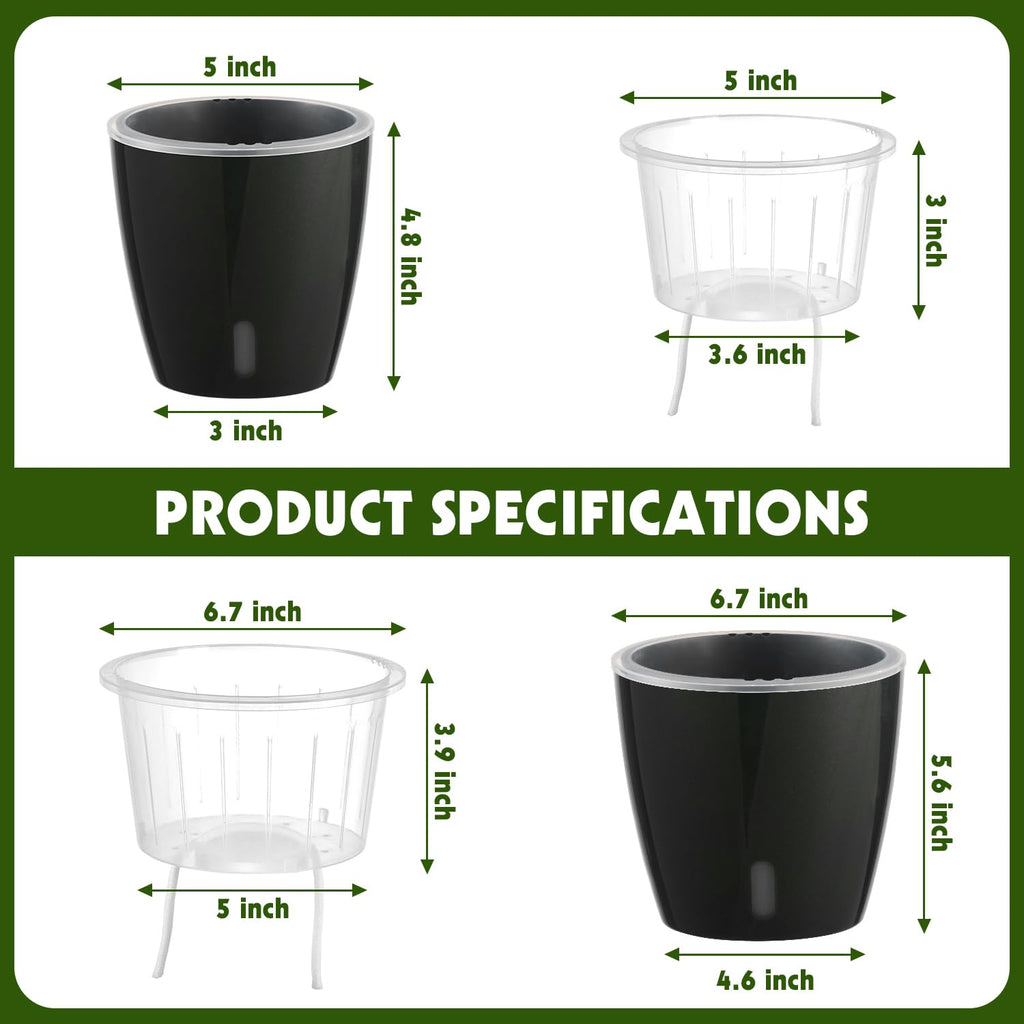 Self Watering Pots for Indoor Plants, 12-Pack 5'' Self Watering Planter with Drainage Holes, Small African Violet Pots with Water Level Indicator, Clear Wick Pot, White/Black