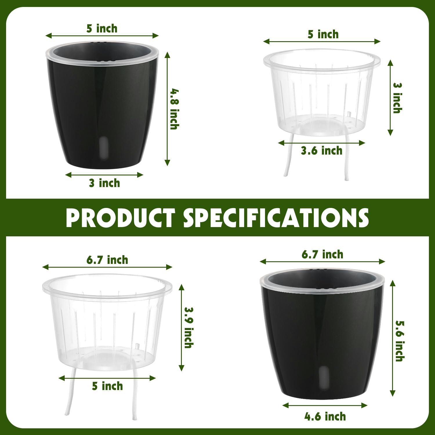 Self Watering Pots for Indoor Plants, 12-Pack 5'' Self Watering Planter with Drainage Holes, Small African Violet Pots with Water Level Indicator, Clear Wick Pot, White/Black