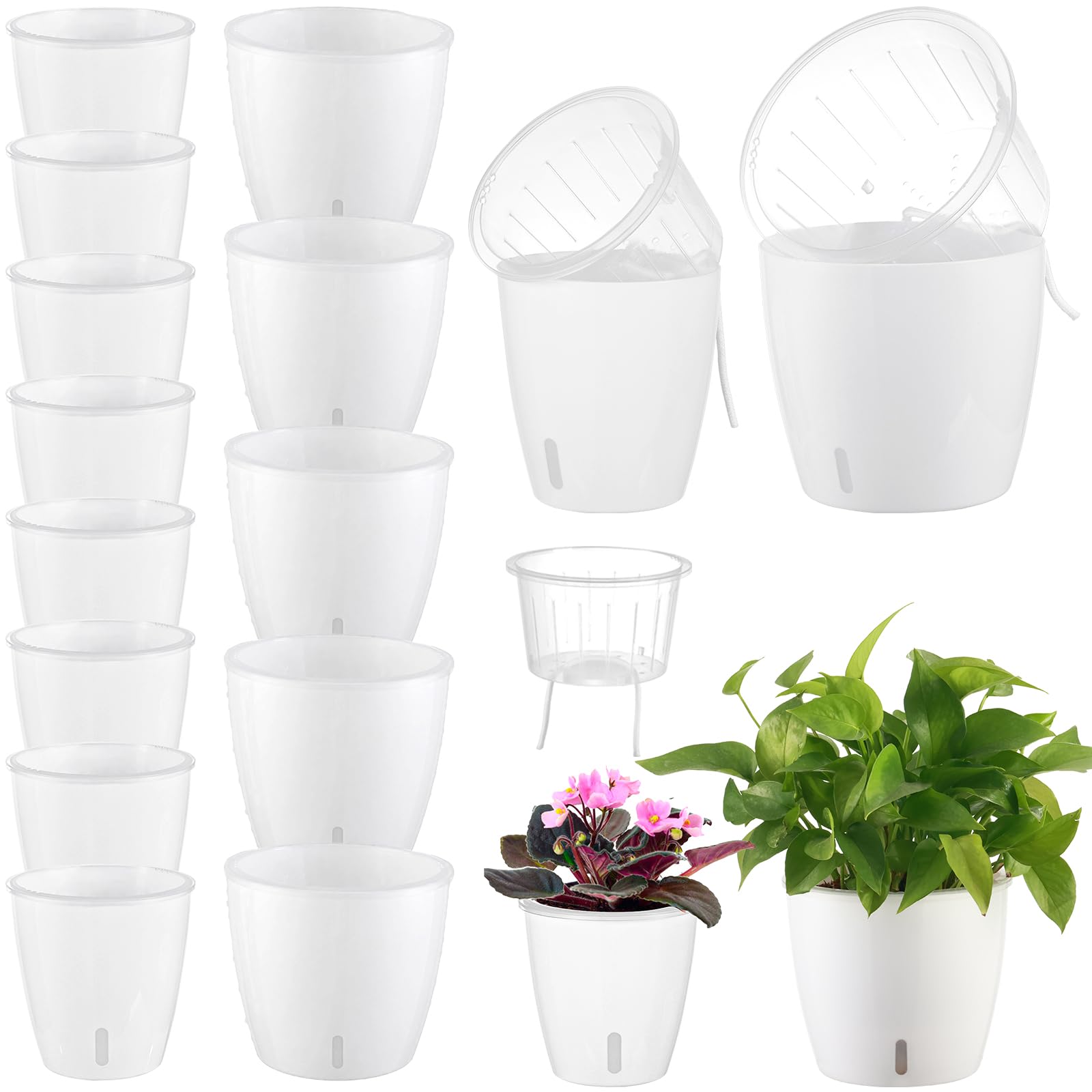 Self Watering Pots for Indoor Plants, 12-Pack 5'' Self Watering Planter with Drainage Holes, Small African Violet Pots with Water Level Indicator, Clear Wick Pot, White/Black
