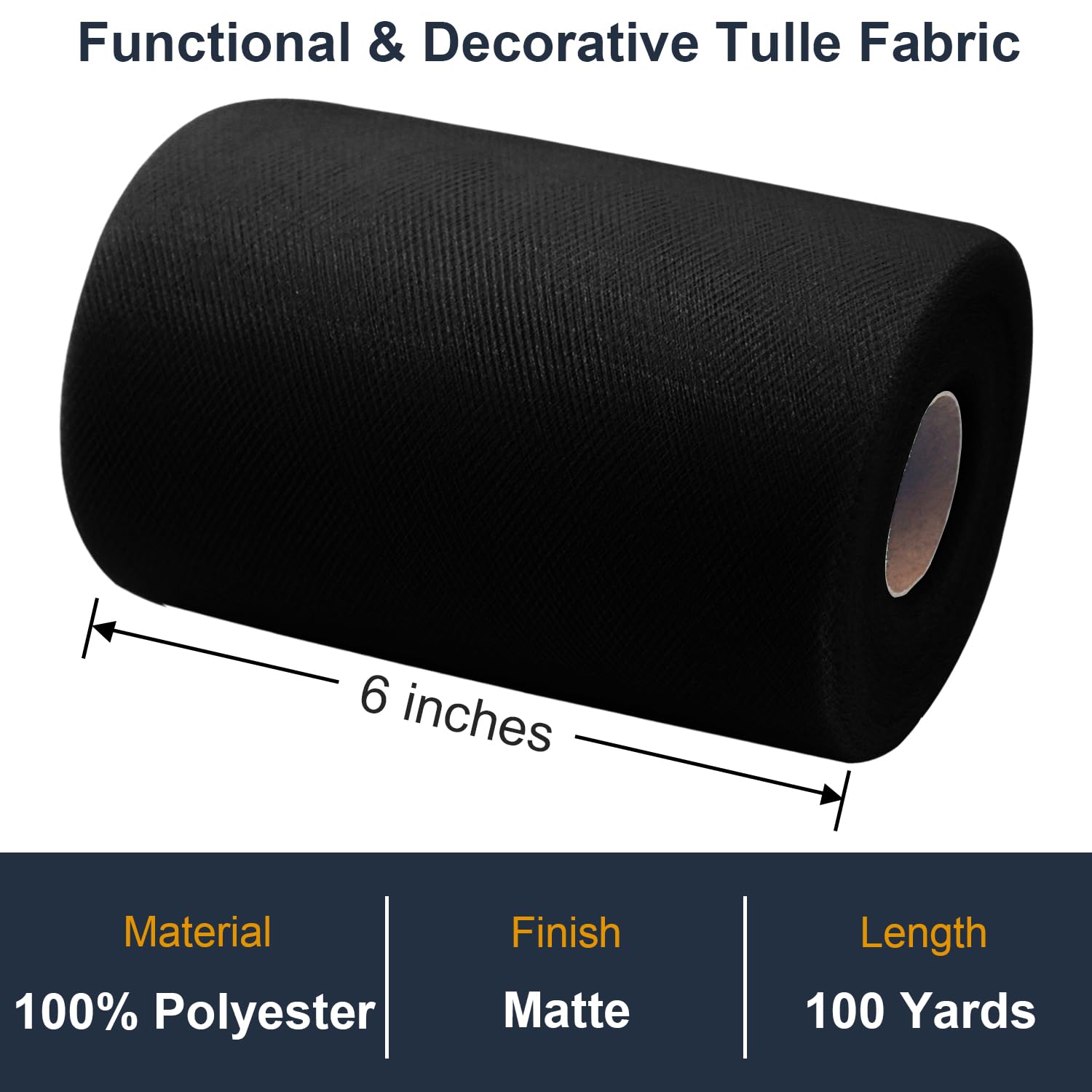 Black Tulle Fabric Roll 6 Inch by 100 Yards (300 ft) Tulle Ribbon Sheer Mesh Netting for DIY Tutu Skirt Gift Wrapping Wedding Baby Shower Birthday Halloween Party Decorations Crafts, 34 Colors (Black)