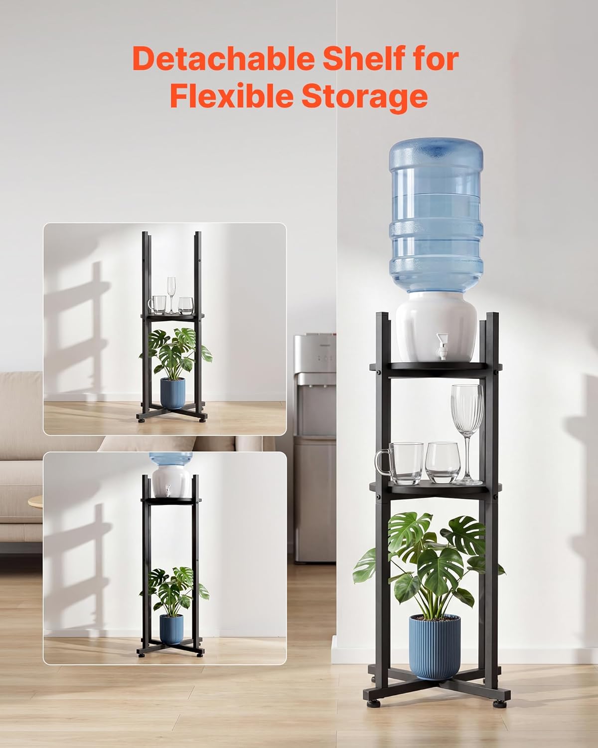 VEVOR Water Dispenser Stand, 5 Gallon Water Jug Stand, Heavy Duty Jug Rack Organizer with Detachable Storage Shelf, Handle, Cross-Shaped Stable Base, for Kitchen, Office, Living Room, Gym, Black