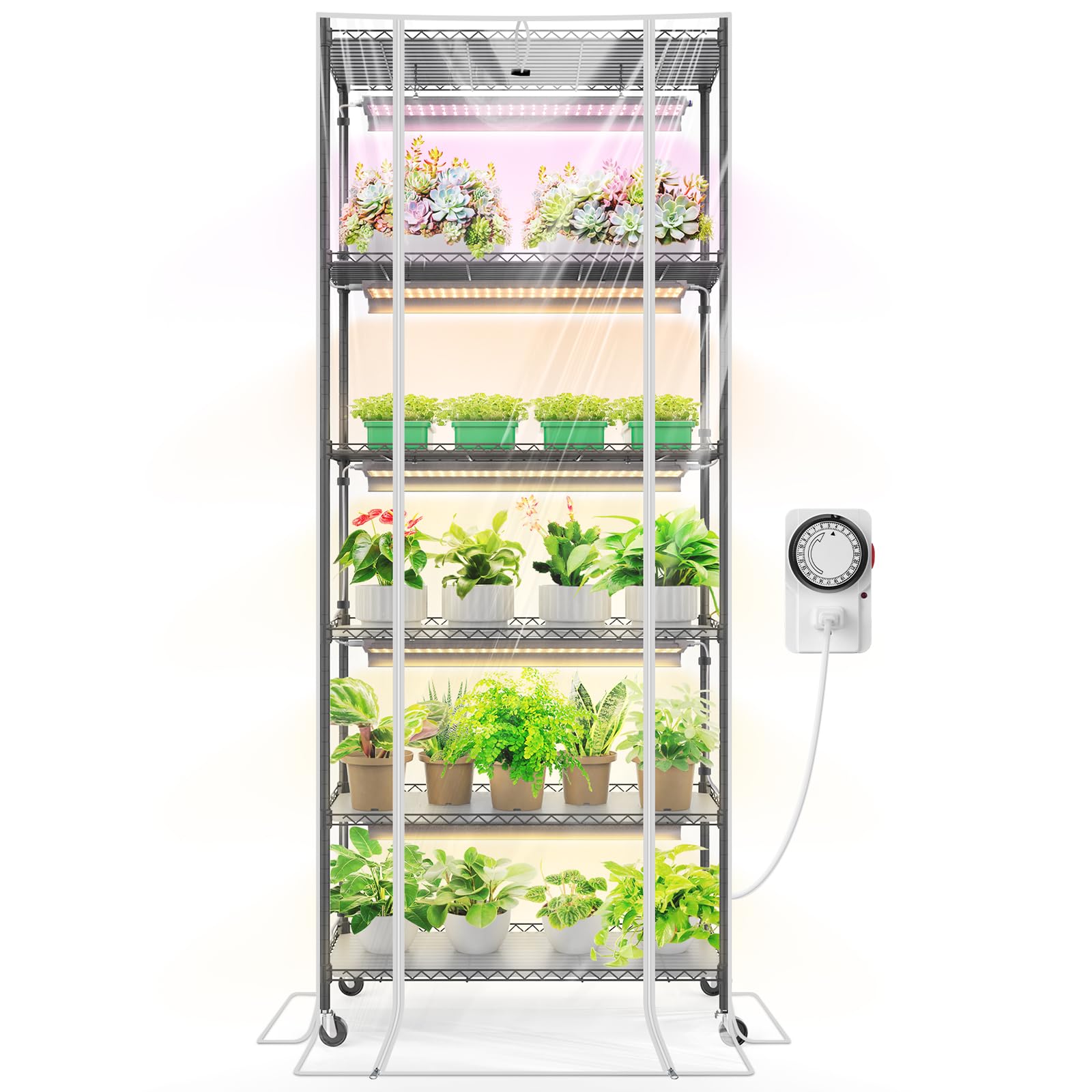 Barrina LH750 Pegboard Indoor Greenhouse with Grow Light, Plant Cabinet with 90W 5000K Full Spectrum Lamps, 3 Adjustable Pegboards, Timer, Wheel, for Foliage Plant, Seedling, 29.5x13.8x67.9IN