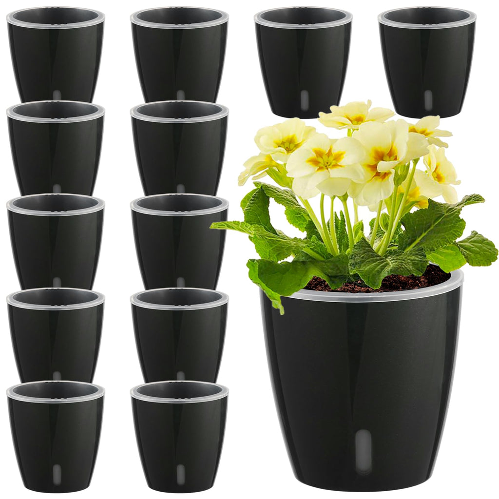 Self Watering Pots for Indoor Plants, 12-Pack 5'' Self Watering Planter with Drainage Holes, Small African Violet Pots with Water Level Indicator, Clear Wick Pot, White/Black