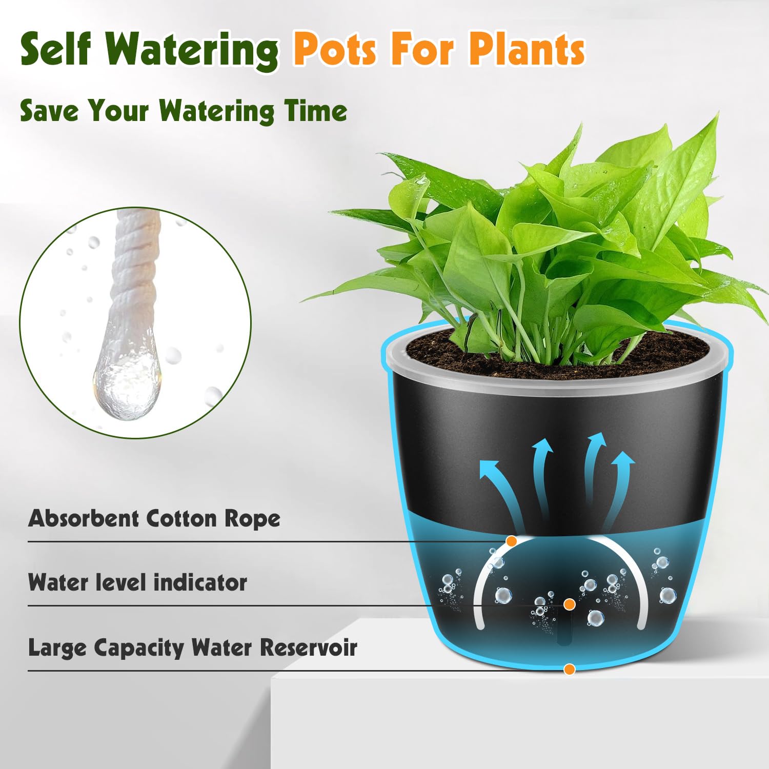 Self Watering Pots for Indoor Plants, 12-Pack 5'' Self Watering Planter with Drainage Holes, Small African Violet Pots with Water Level Indicator, Clear Wick Pot, White/Black