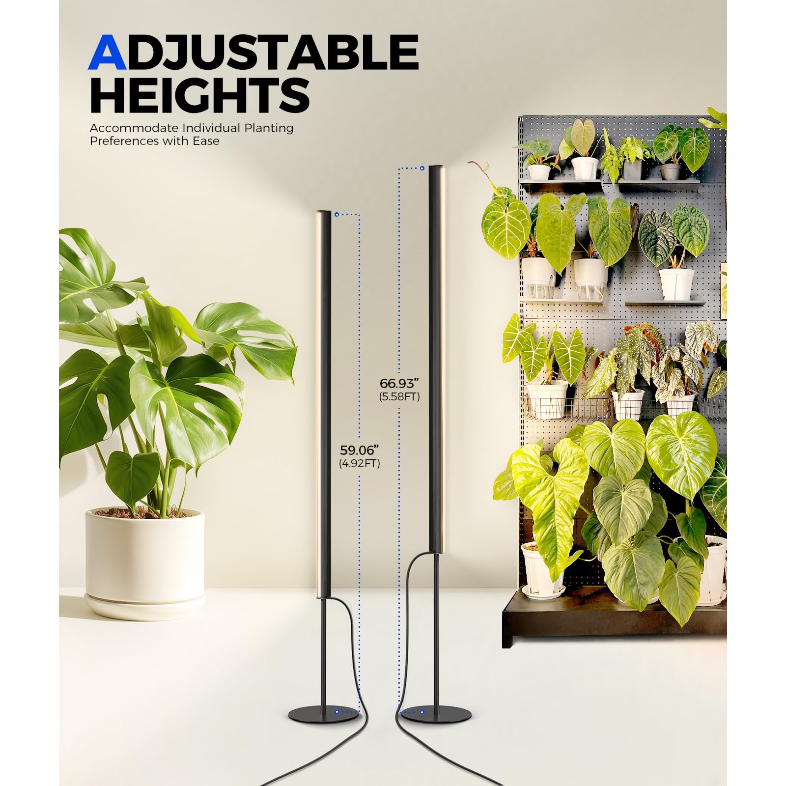 Barrina T1S Standing Grow Light for Indoor Plants with Timer, 65W 5000K High PPFD Tera Series Vertical Full Spectrum Grow Lights Adjustable Height 5FT-5.6FT, Foot Switch, Non-Glare Design, Silver