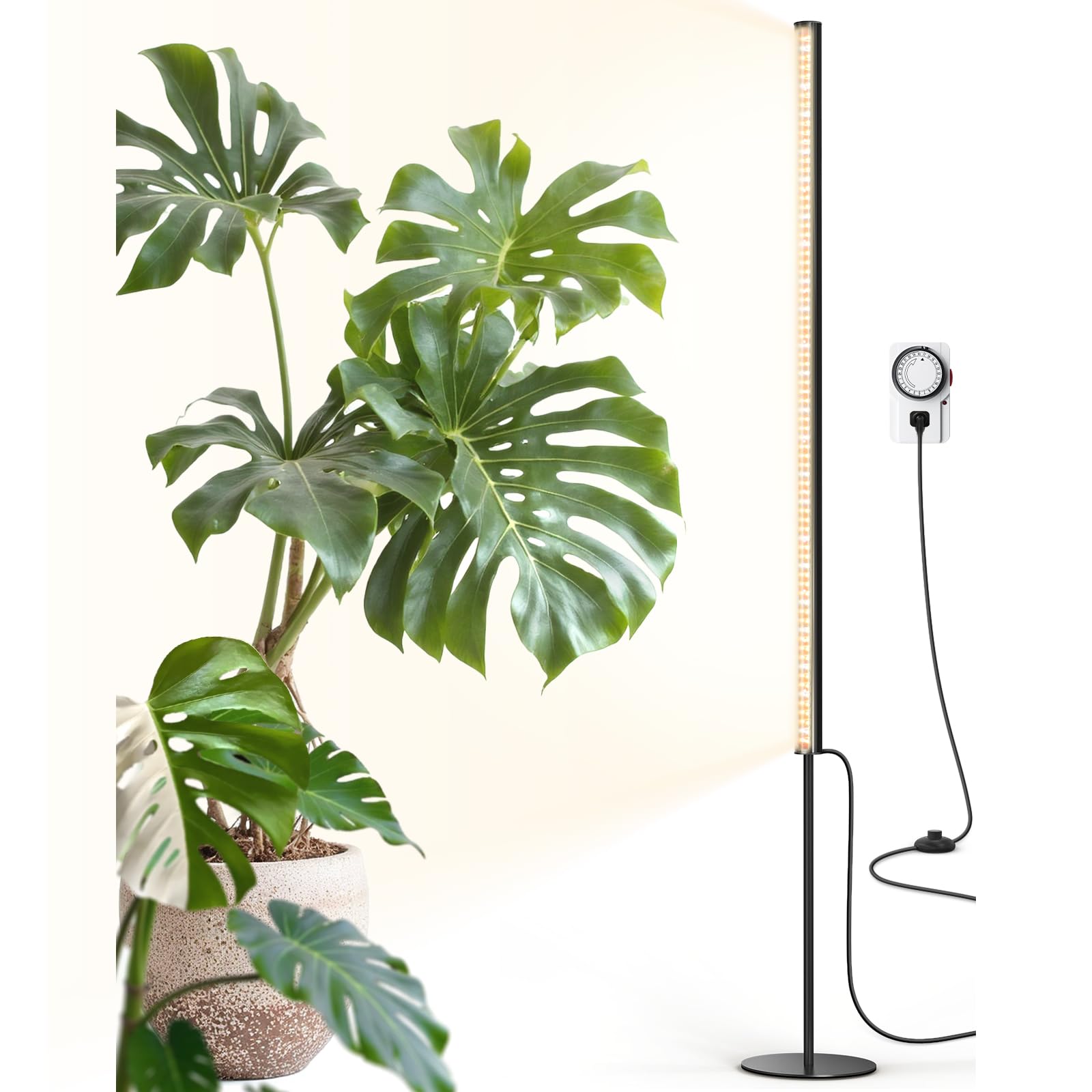Barrina T1S Standing Grow Light for Indoor Plants with Timer, 65W 5000K High PPFD Tera Series Vertical Full Spectrum Grow Lights Adjustable Height 5FT-5.6FT, Foot Switch, Non-Glare Design, Silver