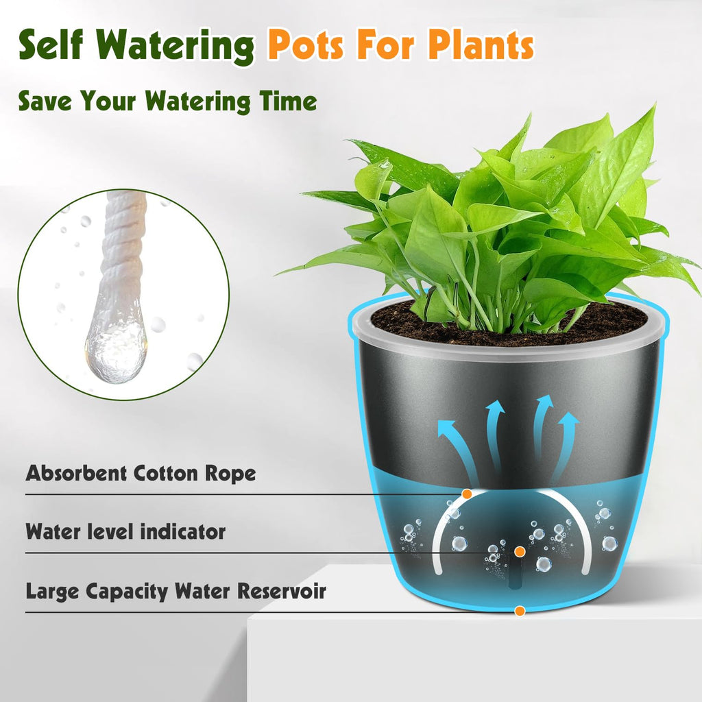 Self Watering Pots for Indoor Plants, 12-Pack 5'' Self Watering Planter with Drainage Holes, Small African Violet Pots with Water Level Indicator, Clear Wick Pot, White/Black