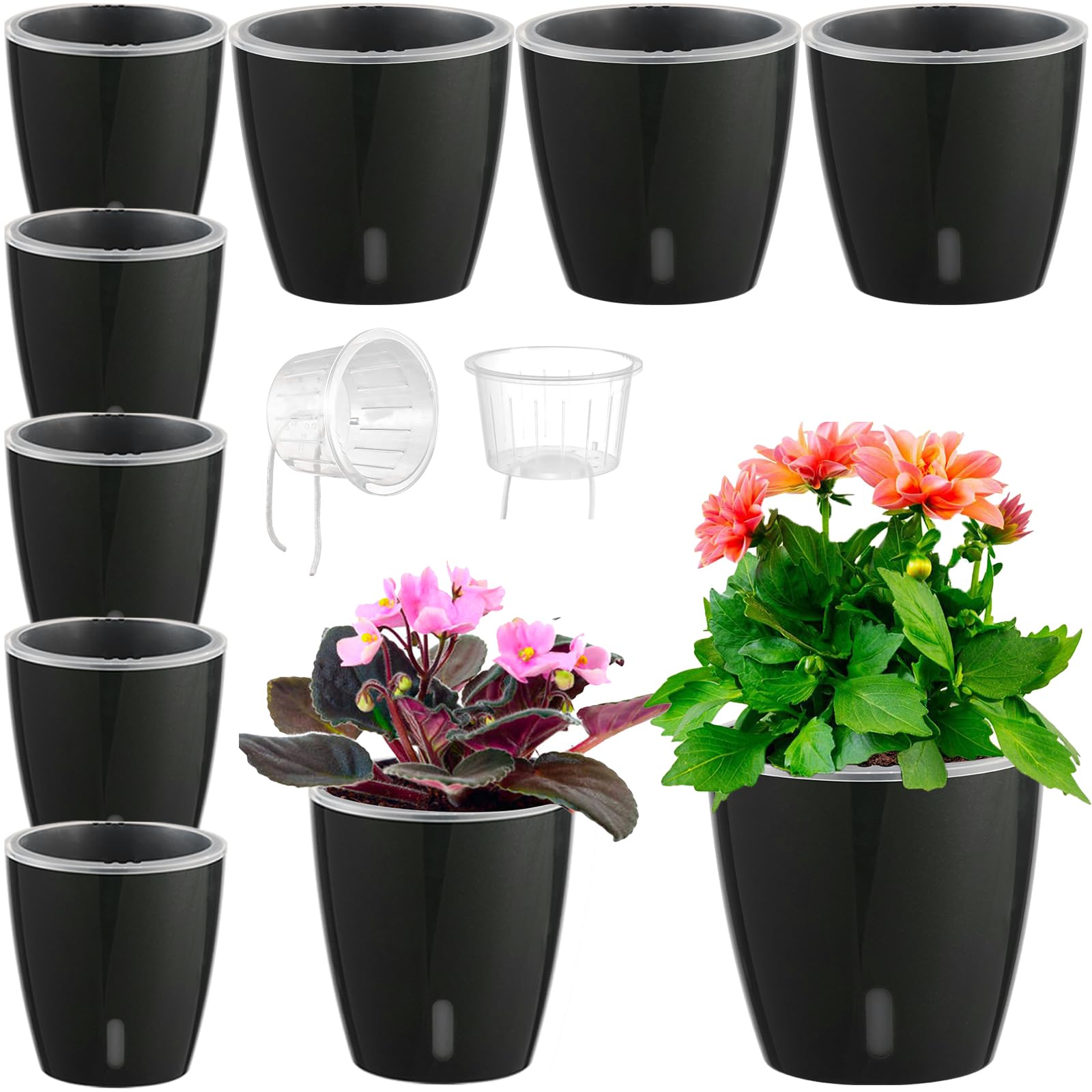 Self Watering Pots for Indoor Plants, 12-Pack 5'' Self Watering Planter with Drainage Holes, Small African Violet Pots with Water Level Indicator, Clear Wick Pot, White/Black