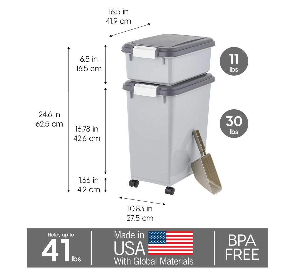 IRIS USA Storage Container, 30 lbs & 11 lbs Combo, Stackable, 2-Cup Scoop, Wheels, Easy Mobility, Gray