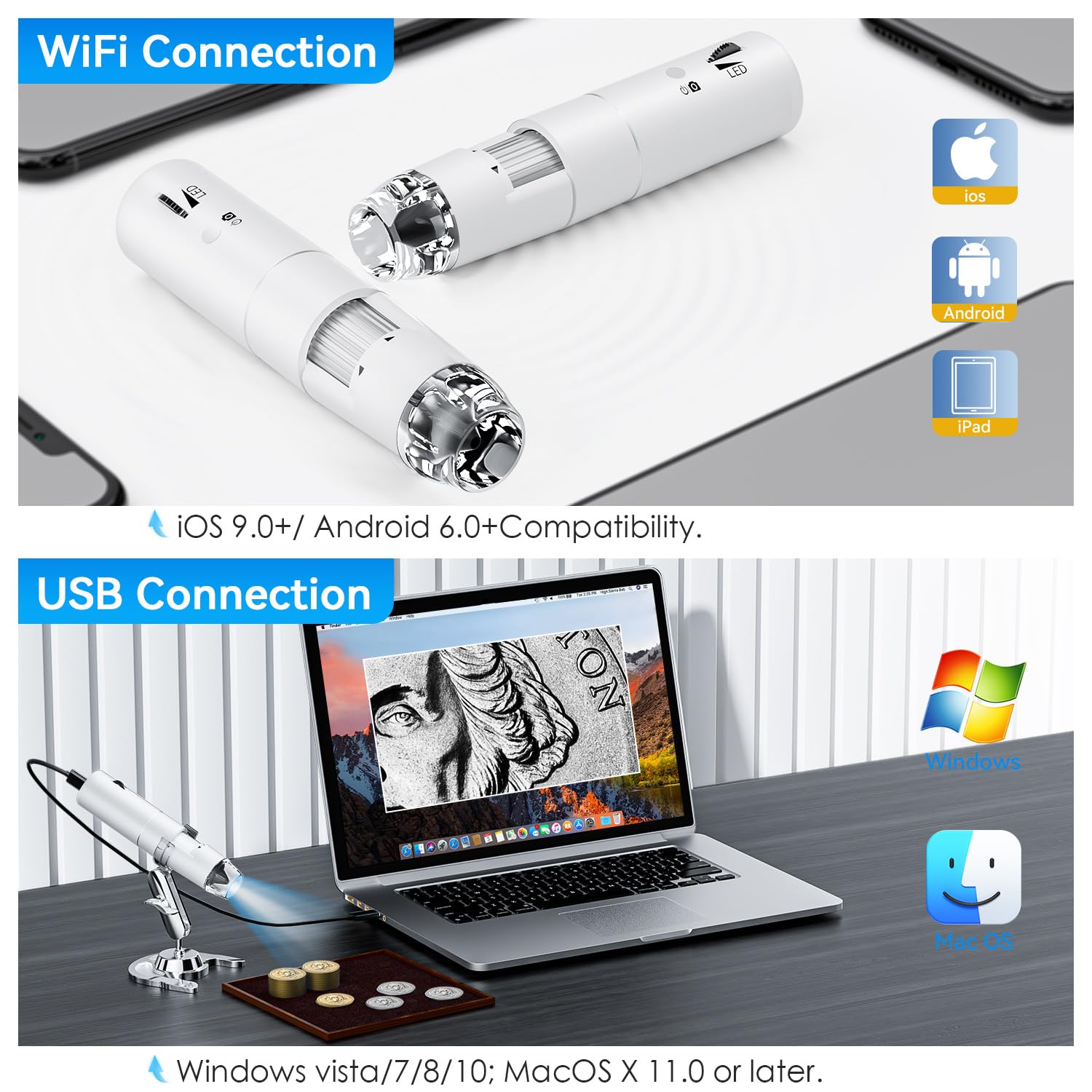 Wireless Digital Microscope, Skybasic 50X-1000X Magnification WiFi Portable Handheld Microscopes with Adjustable Stand HD USB Microscope Camera Compatible with iPhone Android iPad Windows Mac Computer