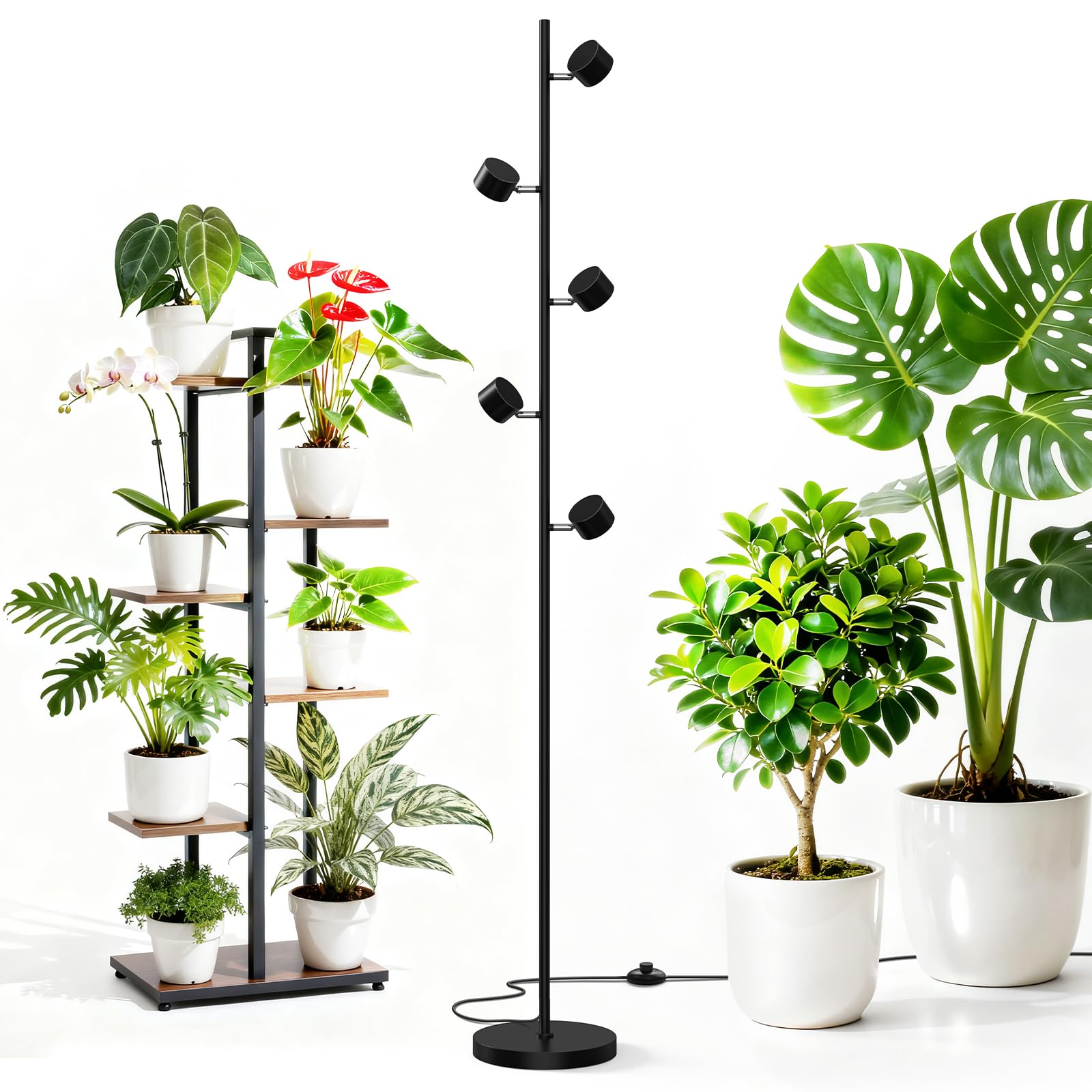 Barrina T1X5 Floor Grow Lights for Indoor Plants, 50W, 5000K, Full Spectrum, Adjustable 5 Heads, High PPFD, 6FT with Foot Switch, Vertical Plant Lights for Growing