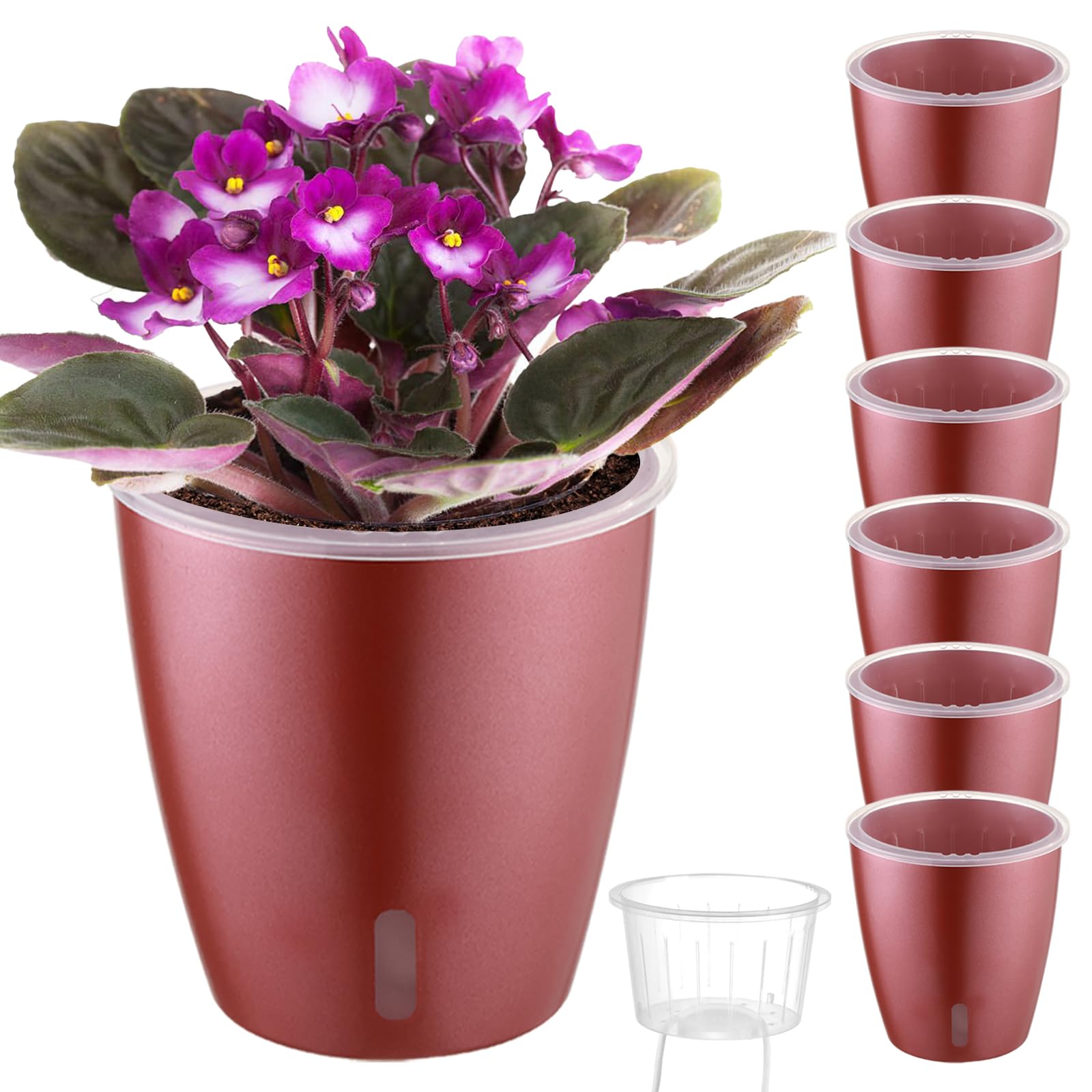 Self Watering Pots for Indoor Plants, 12-Pack 5'' Self Watering Planter with Drainage Holes, Small African Violet Pots with Water Level Indicator, Clear Wick Pot, White/Black