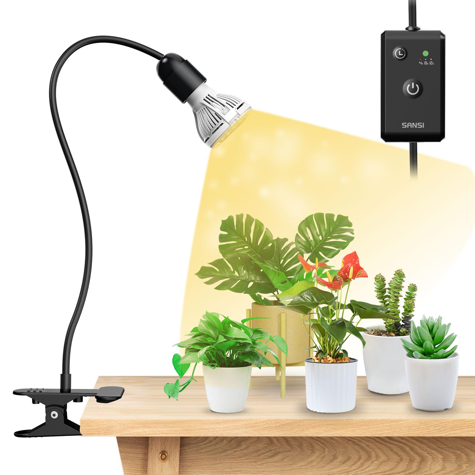 SANSI LED Grow Lights for Indoor Plants, Lifetime Free Bulb Replacement, 300W Full Spectrum Dual Gooseneck Clip Plant Grow Light, Plant Light with Timer 4/8/12 Hrs, High PPFD Growing Power Grow Lamp