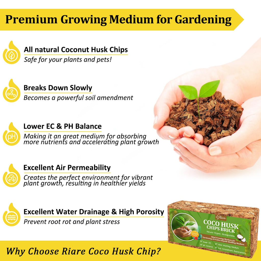 Riare 2 Pack Coco Chips Substrate for Plants- 2.2lb 100% Organic Coconut Husk Brick with Low EC and pH Balanced, High Expansion Coconut Substrate Coco Husk Mulch for Garden Flowers, Herbs, Planting