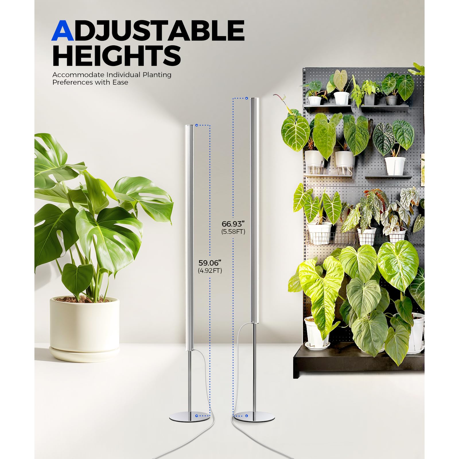 Barrina T1S Standing Grow Light for Indoor Plants with Timer, 65W 5000K High PPFD Tera Series Vertical Full Spectrum Grow Lights Adjustable Height 5FT-5.6FT, Foot Switch, Non-Glare Design, Silver