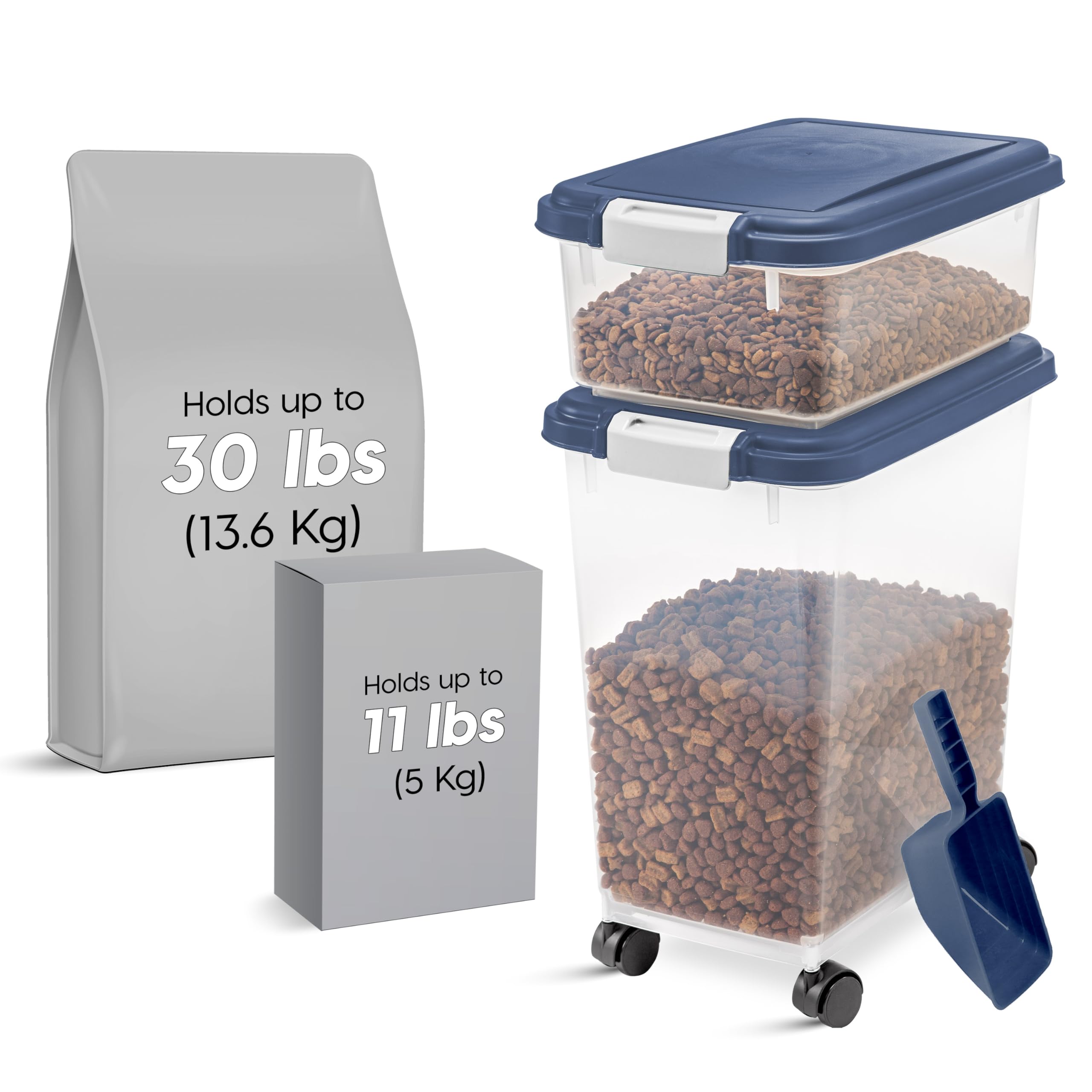IRIS USA Storage Container, 30 lbs & 11 lbs Combo, Stackable, 2-Cup Scoop, Wheels, Easy Mobility, Gray