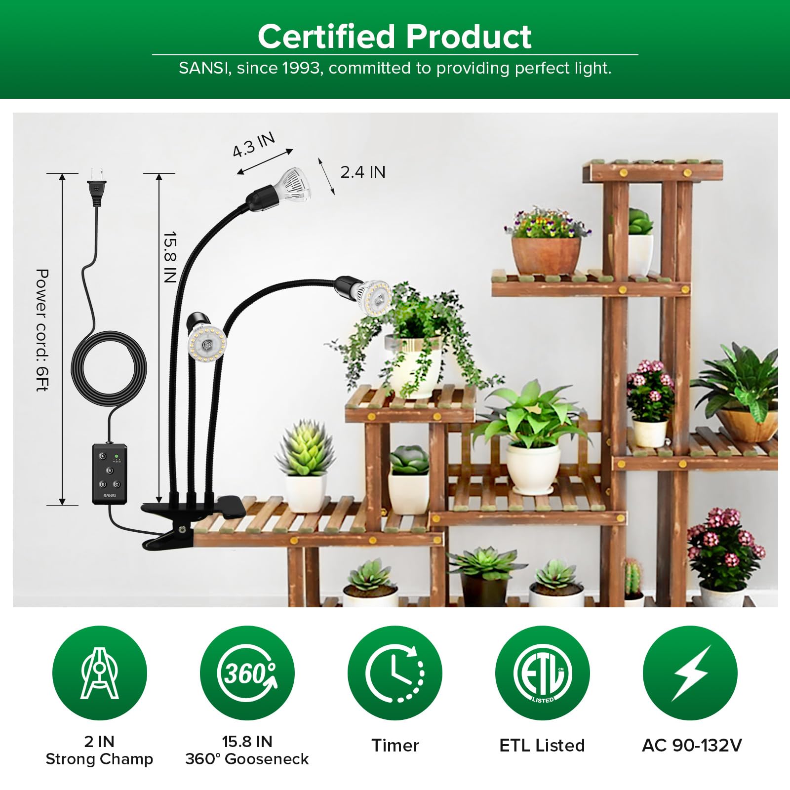 SANSI LED Grow Lights for Indoor Plants, Lifetime Free Bulb Replacement, 300W Full Spectrum Dual Gooseneck Clip Plant Grow Light, Plant Light with Timer 4/8/12 Hrs, High PPFD Growing Power Grow Lamp