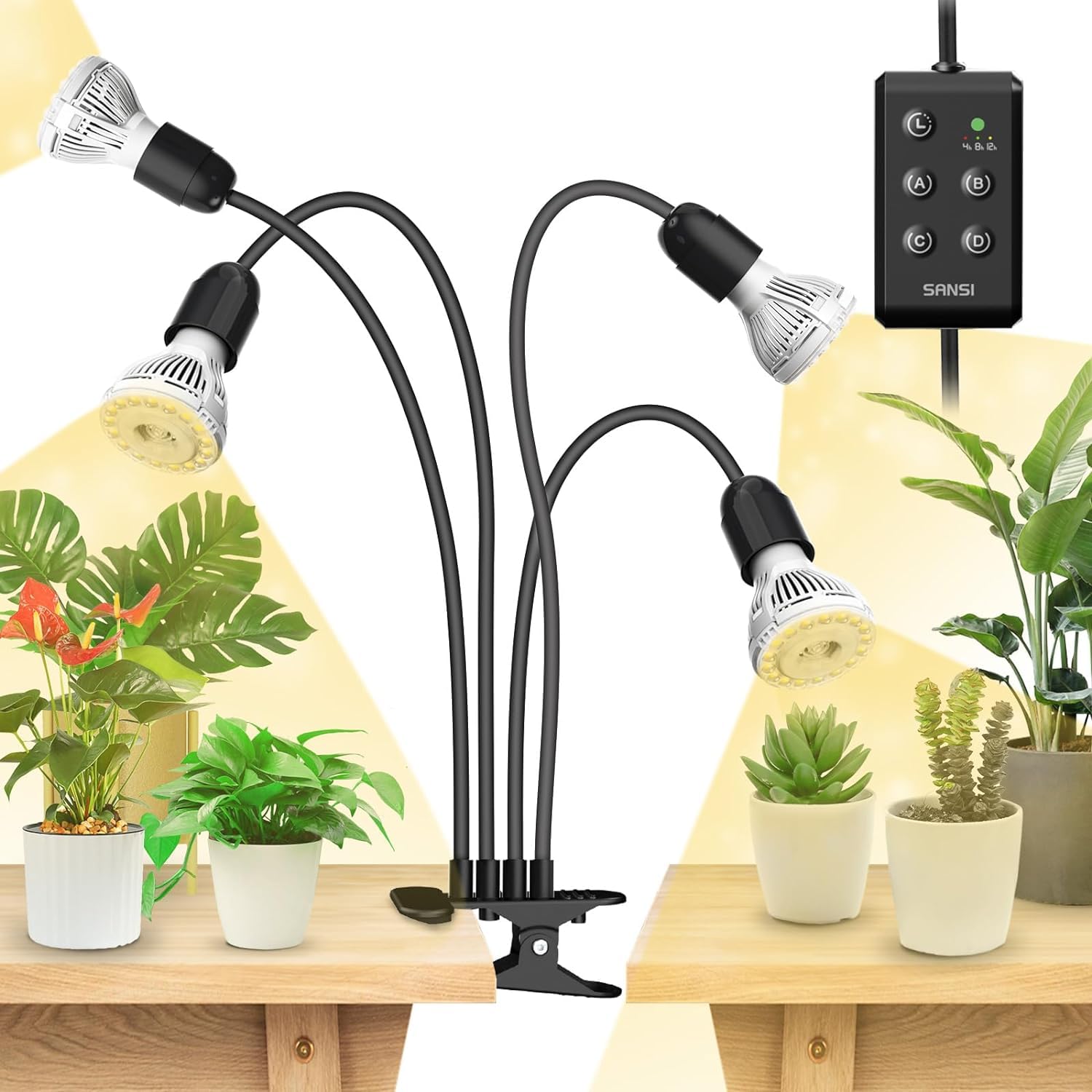 SANSI LED Grow Lights for Indoor Plants, Lifetime Free Bulb Replacement, 300W Full Spectrum Dual Gooseneck Clip Plant Grow Light, Plant Light with Timer 4/8/12 Hrs, High PPFD Growing Power Grow Lamp