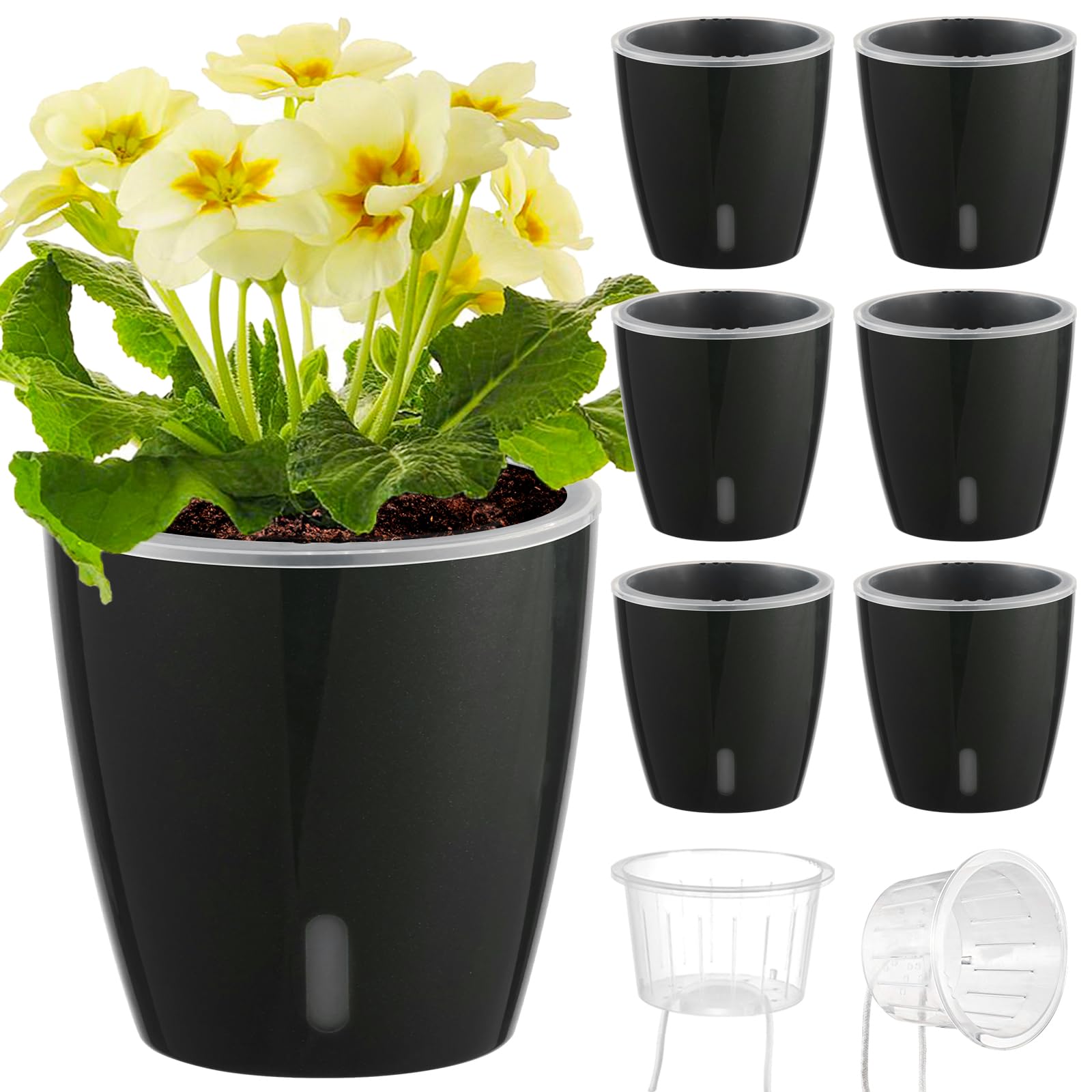 Self Watering Pots for Indoor Plants, 12-Pack 5'' Self Watering Planter with Drainage Holes, Small African Violet Pots with Water Level Indicator, Clear Wick Pot, White/Black