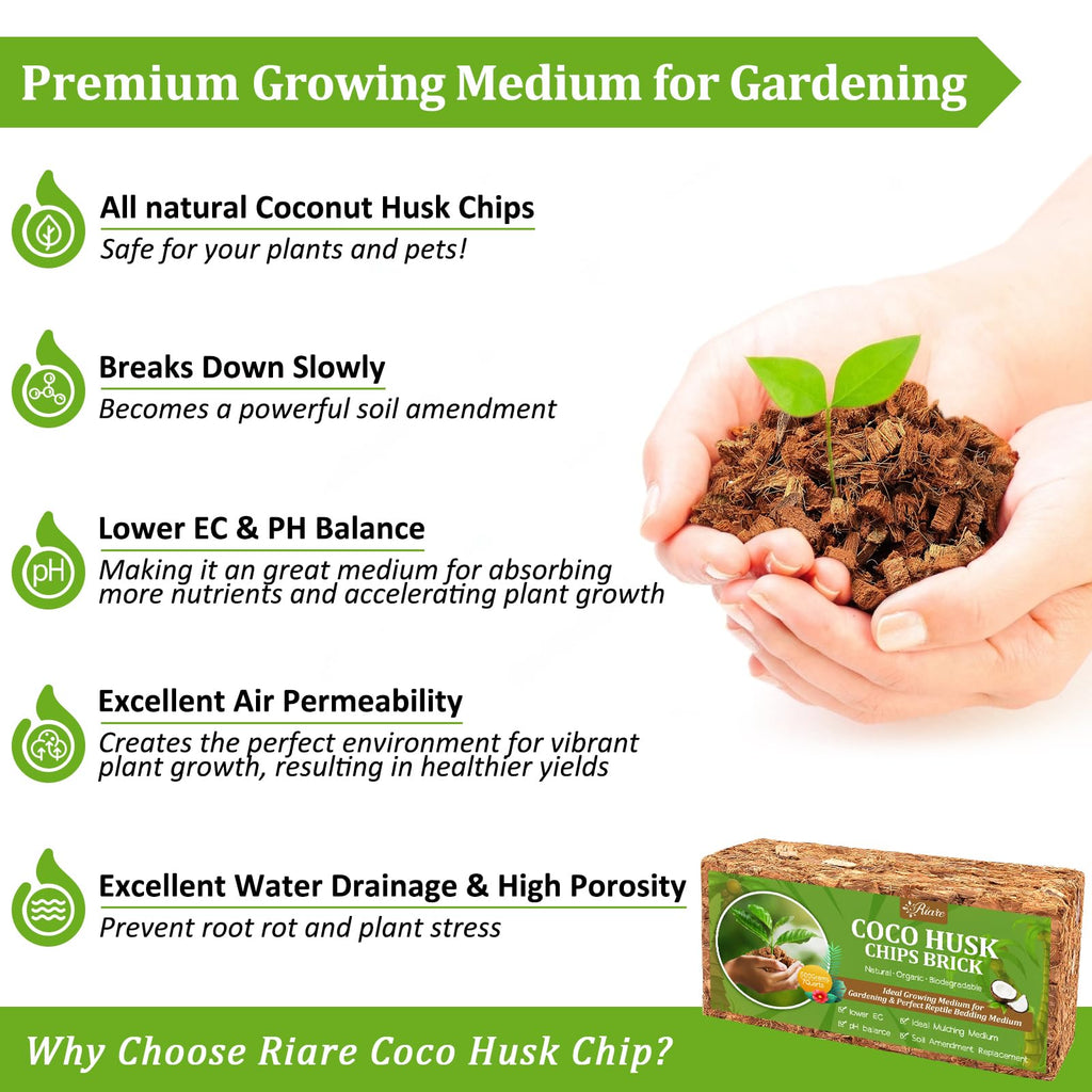 Riare 2 Pack Coco Chips Substrate for Plants- 2.2lb 100% Organic Coconut Husk Brick with Low EC and pH Balanced, High Expansion Coconut Substrate Coco Husk Mulch for Garden Flowers, Herbs, Planting
