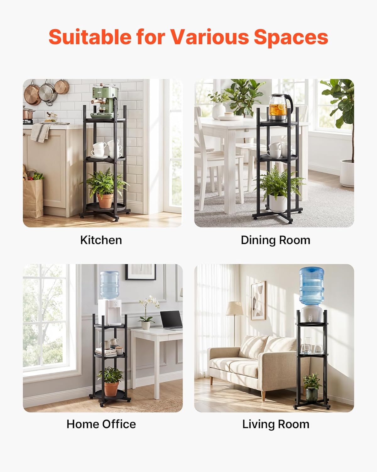VEVOR Water Dispenser Stand, 5 Gallon Water Jug Stand, Heavy Duty Jug Rack Organizer with Detachable Storage Shelf, Handle, Cross-Shaped Stable Base, for Kitchen, Office, Living Room, Gym, Black