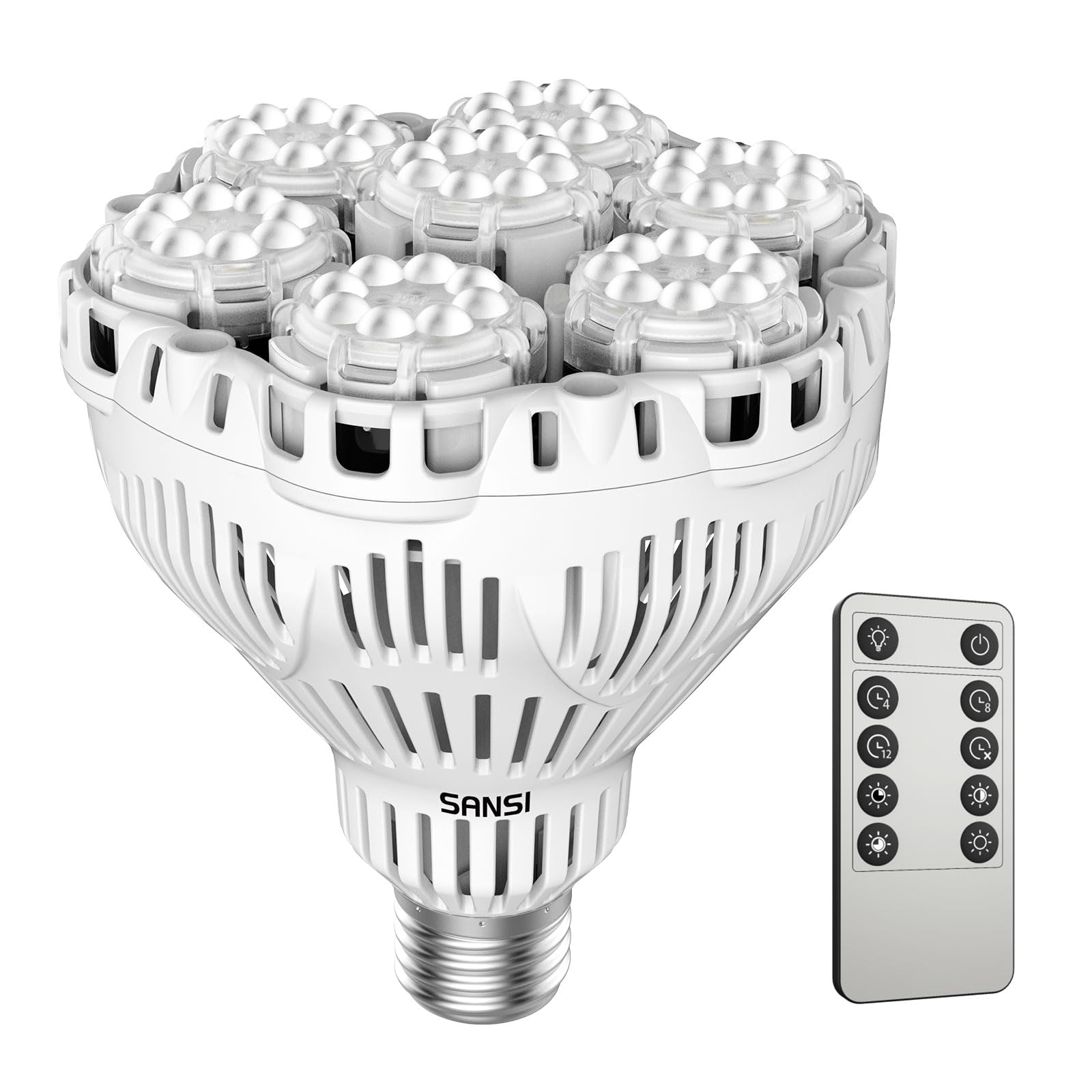 SANSI Dimmable Grow Light Bulb Full Spectrum, High PPFD 30W Grow Bulb (450 Watt Equiv) with Remote, Auto On Off Timing 4 8 12 Hrs, Energy Saving Plant Light Bulb with E26 Base for Indoor Plants