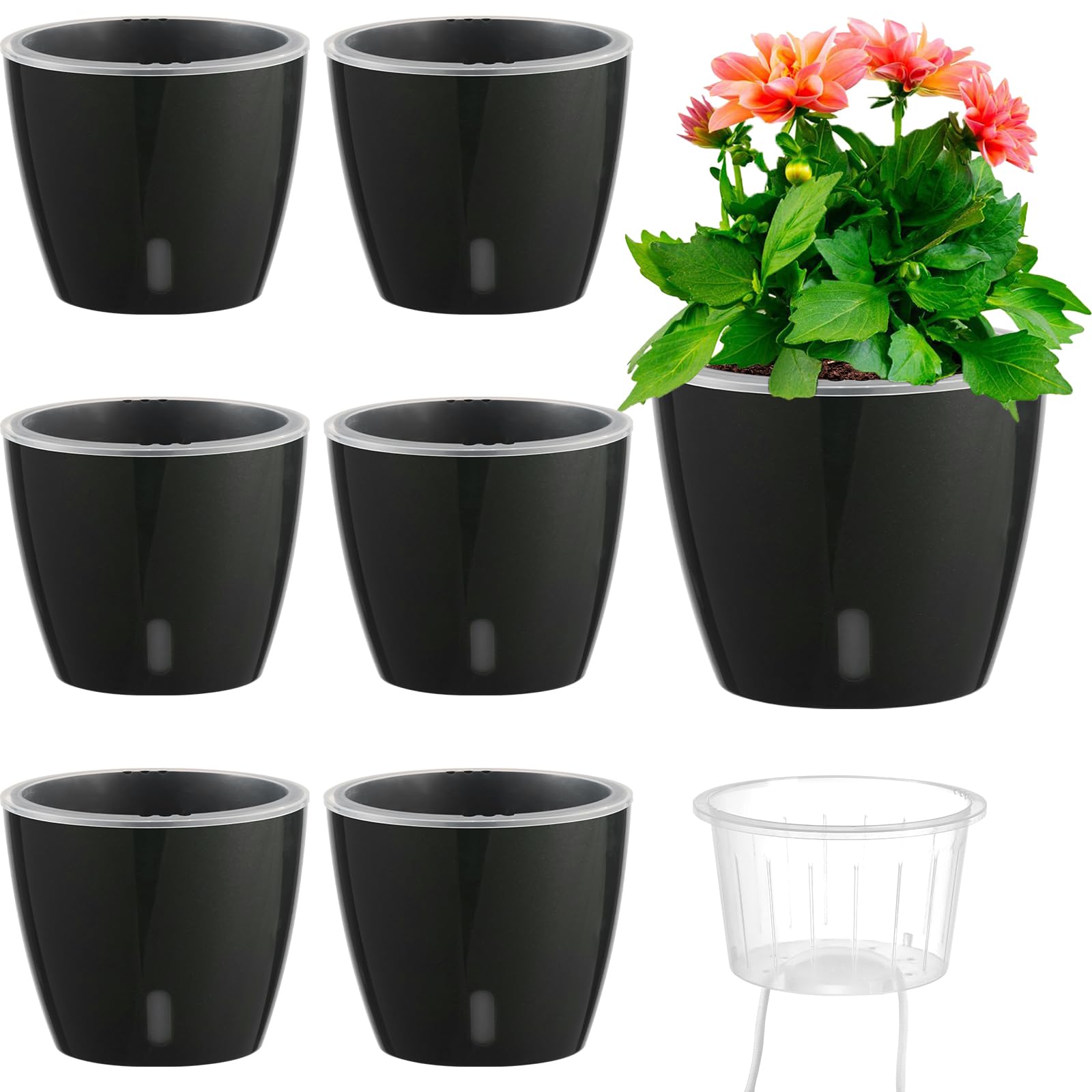 Self Watering Pots for Indoor Plants, 12-Pack 5'' Self Watering Planter with Drainage Holes, Small African Violet Pots with Water Level Indicator, Clear Wick Pot, White/Black