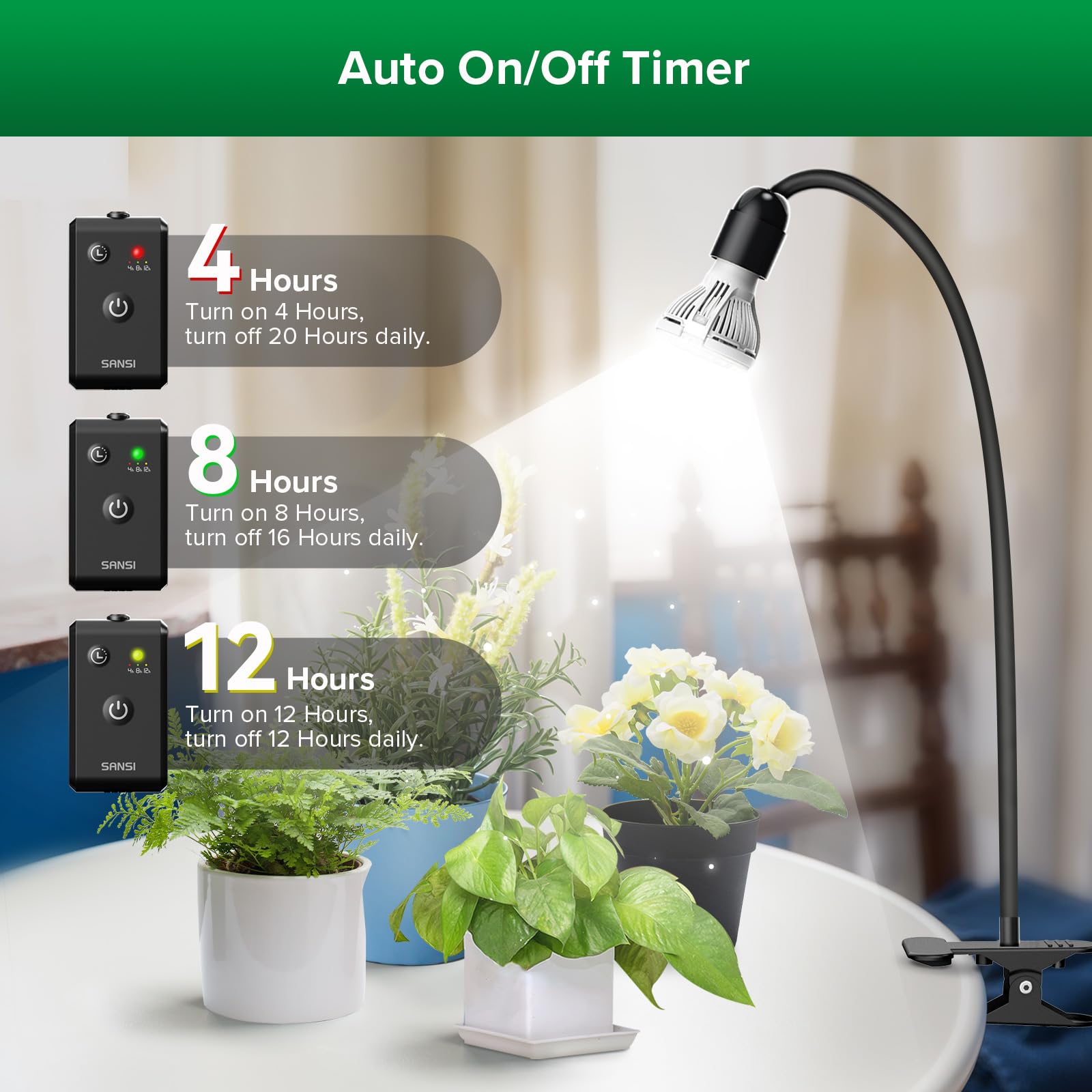 SANSI LED Grow Lights for Indoor Plants, Lifetime Free Bulb Replacement, 300W Full Spectrum Dual Gooseneck Clip Plant Grow Light, Plant Light with Timer 4/8/12 Hrs, High PPFD Growing Power Grow Lamp